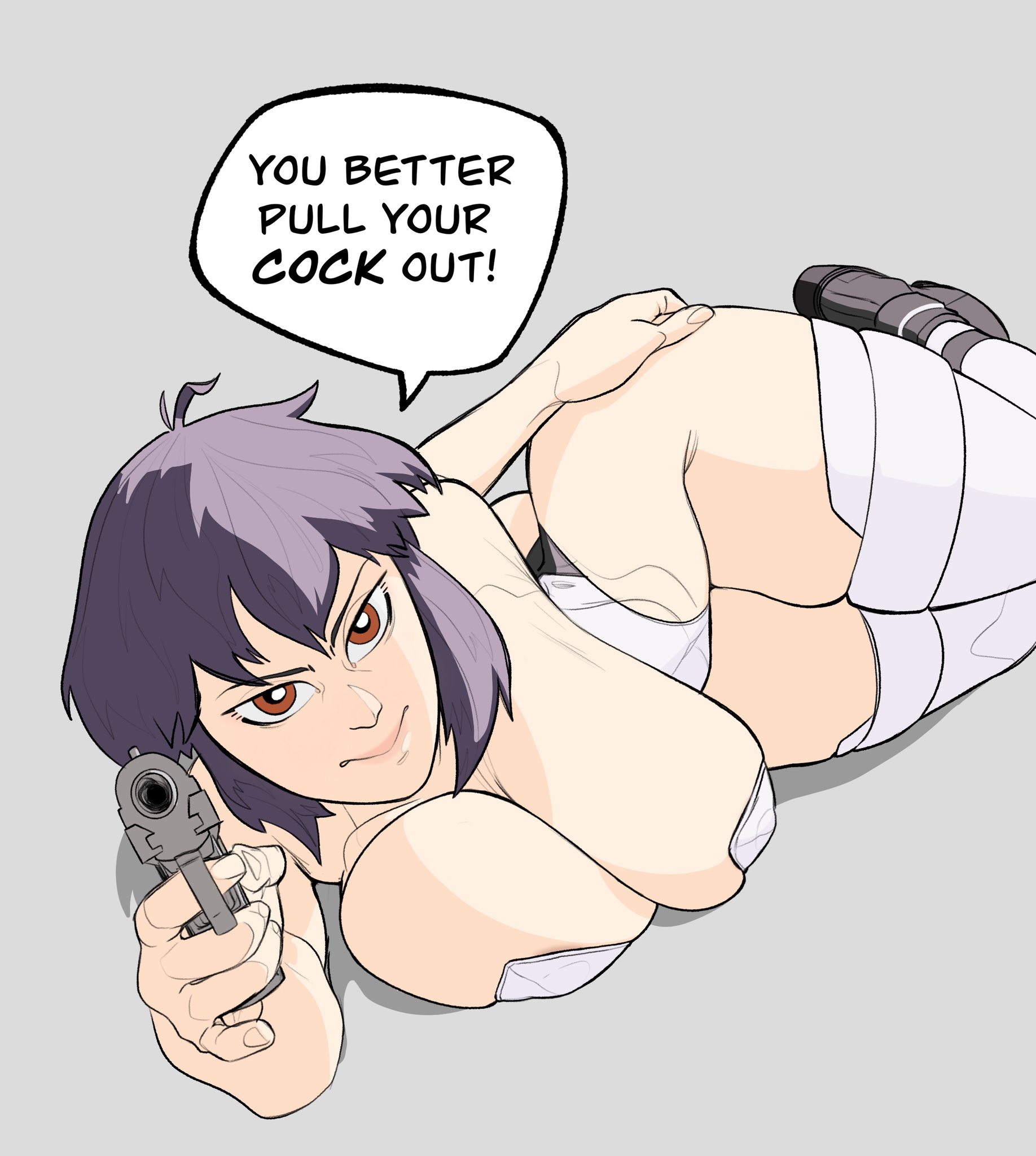 1girls, big breasts, breasts, cleavage, domination, english text, female, ghost in the shell, grey background, kusanagi motoko, lying, pointing at viewer, pointing gun, purple hair, talking to viewer, wheatlie