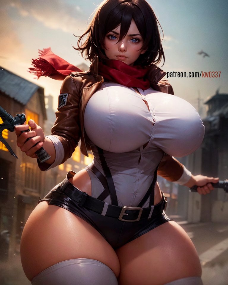 ai generated, attack on titan, big breasts, blue eyes, breasts, female, huge breasts, kw0337, mikasa ackerman, scarf, shingeki no kyojin, shirt, short hair, stable diffusion, voluptuous