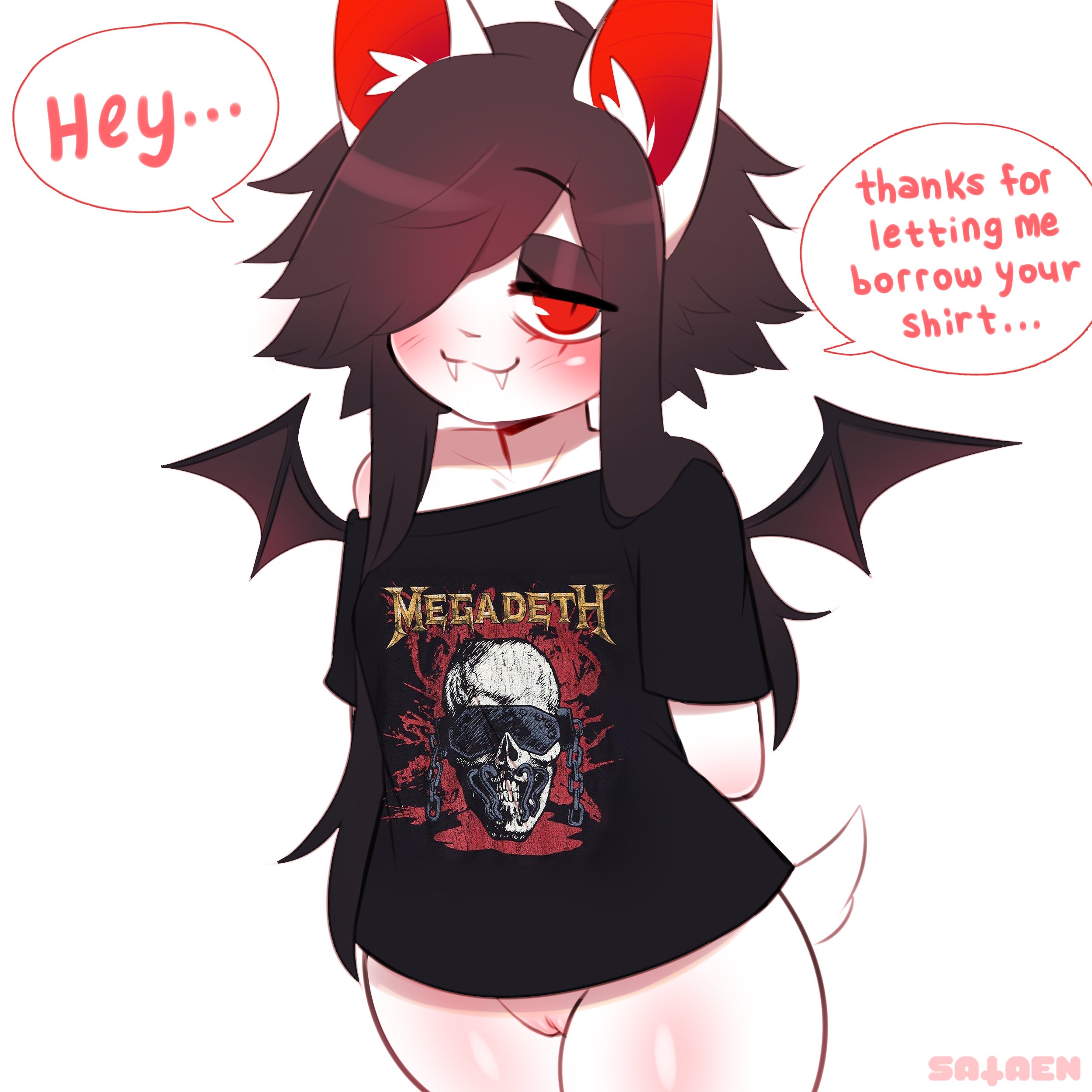 1girls, animal ears, asphodel, black hair, blush, bottomless, fangs, female, hair over one eye, megadeth, original, partially clothed, pussy, red eyes, sataenart, short hair, smile, solo, standing, t-shirt, tail, text, thick thighs, white background, wings