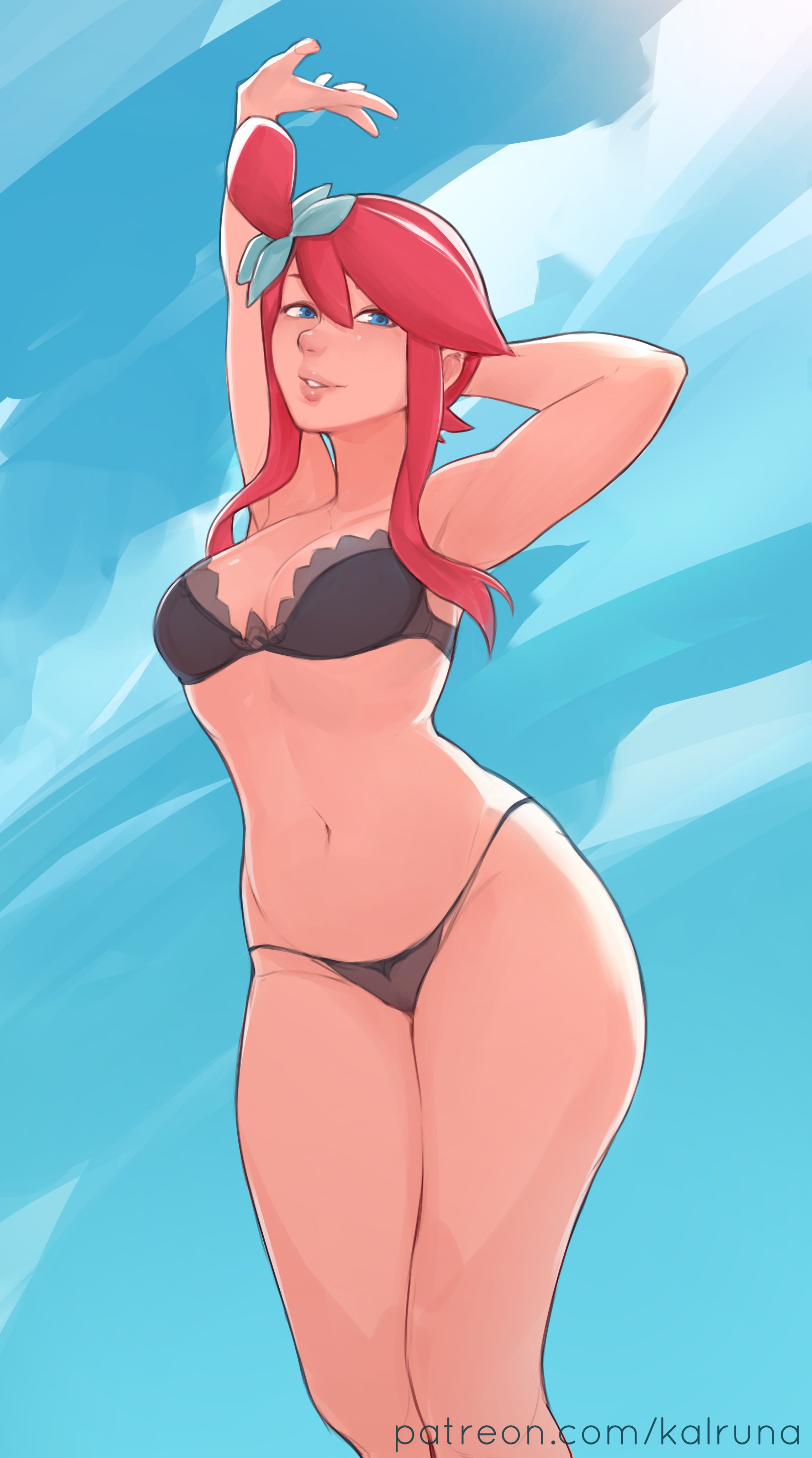 1girls, armpits, bare thighs, black panties, blue eyes, bra, breasts, female, female only, kalruna, long hair, looking at viewer, medium breasts, nintendo, outdoors, panties, pokemon, red hair, skyla (pokemon), solo, thighs, underwear