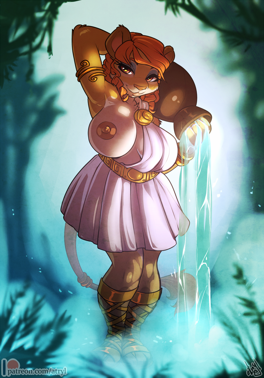 5_fingers anthro atryl big_breasts breasts calista_floros clothed clothing deity detailed_background digital_media_(artwork) felid female fingers fur greek hair hi_res holding_object lion mammal nipples one_breast_out pantherine smile solo standing