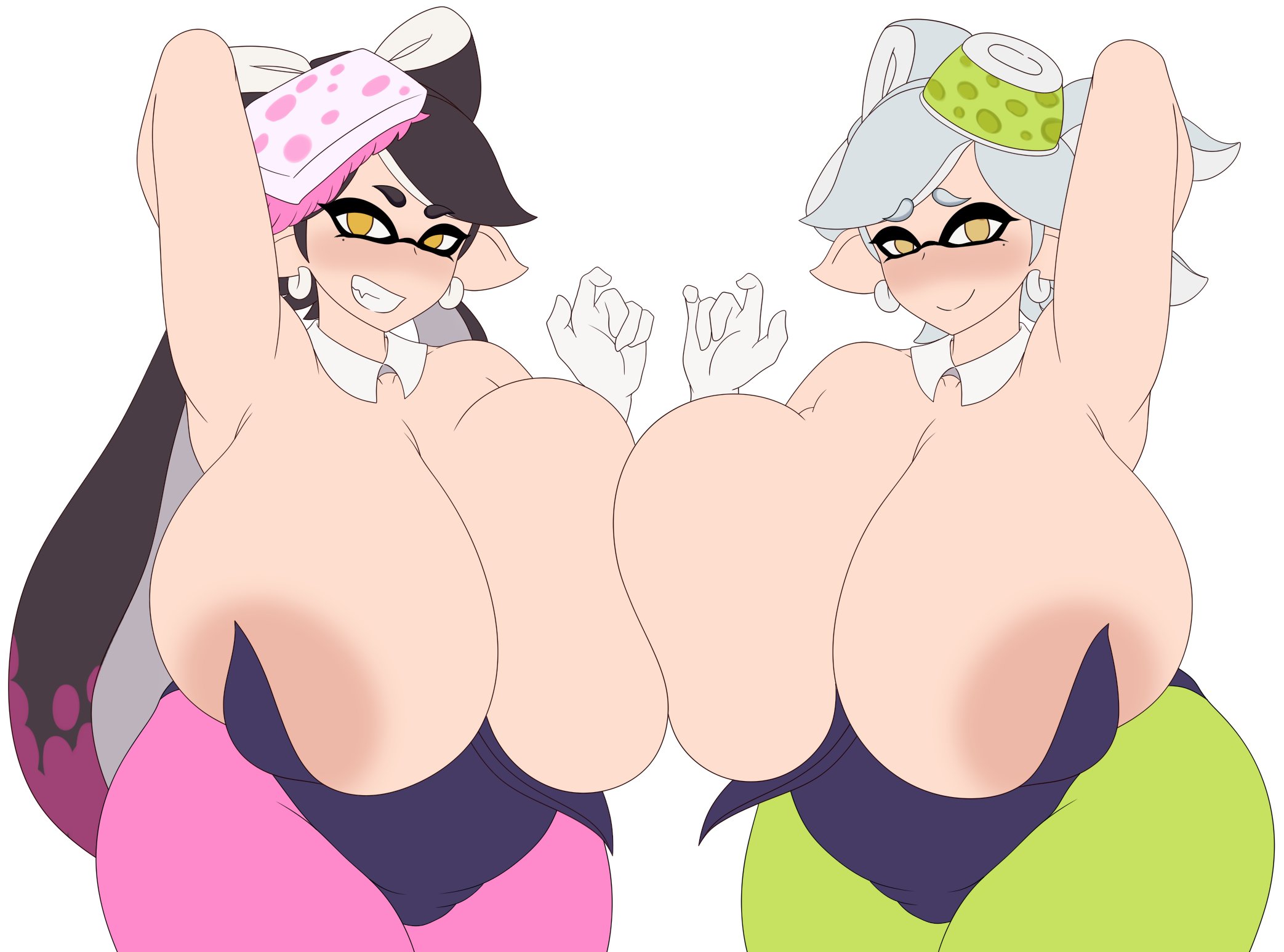 2girls, alternate breast size, areolae, armpits, arms up, ass, big ass, big breasts, black hair, borscht, breast to breast, breasts, callie (splatoon), clean lineart, cousins, earrings, female, flat colors, huge breasts, inkling, large areolae, light hair, light skin, light-skinned female, long hair, marie (splatoon), massive breasts, mole, mole under eye, multicolored hair, multiple females, multiple girls, naughty face, nintendo, nipples, pink hair, pointed ears, pointy ears, short hair, silver hair, smile, splatoon, splatoon (series), squid sisters, symbol-shaped pupils, tentacle hair, twintails, white hair, yellow eyes