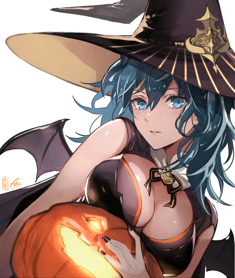 1girls alternate_costume bare_shoulders blue_eyes blue_hair breast_press breast_rest breasts byleth_(female)_(fire_emblem) byleth_(fire_emblem) byleth_(fire_emblem)_(female) cleavage female female_only fire_emblem fire_emblem:_three_houses halloween halloween_costume hat jack-o'-lantern large_breasts looking_at_viewer medium_hair nijihayashi nintendo open_mouth parted_lips pumpkin solo witch_hat