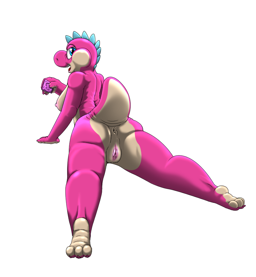 anthro anus blue_eyes condom female genitals kitsune_youkai mario_(series) multicolored_body nintendo nipples pink_body pussy sexual_barrier_device simple_background solo tan_body twilight_stormshi_(character) two_tone_body white_background yoshi