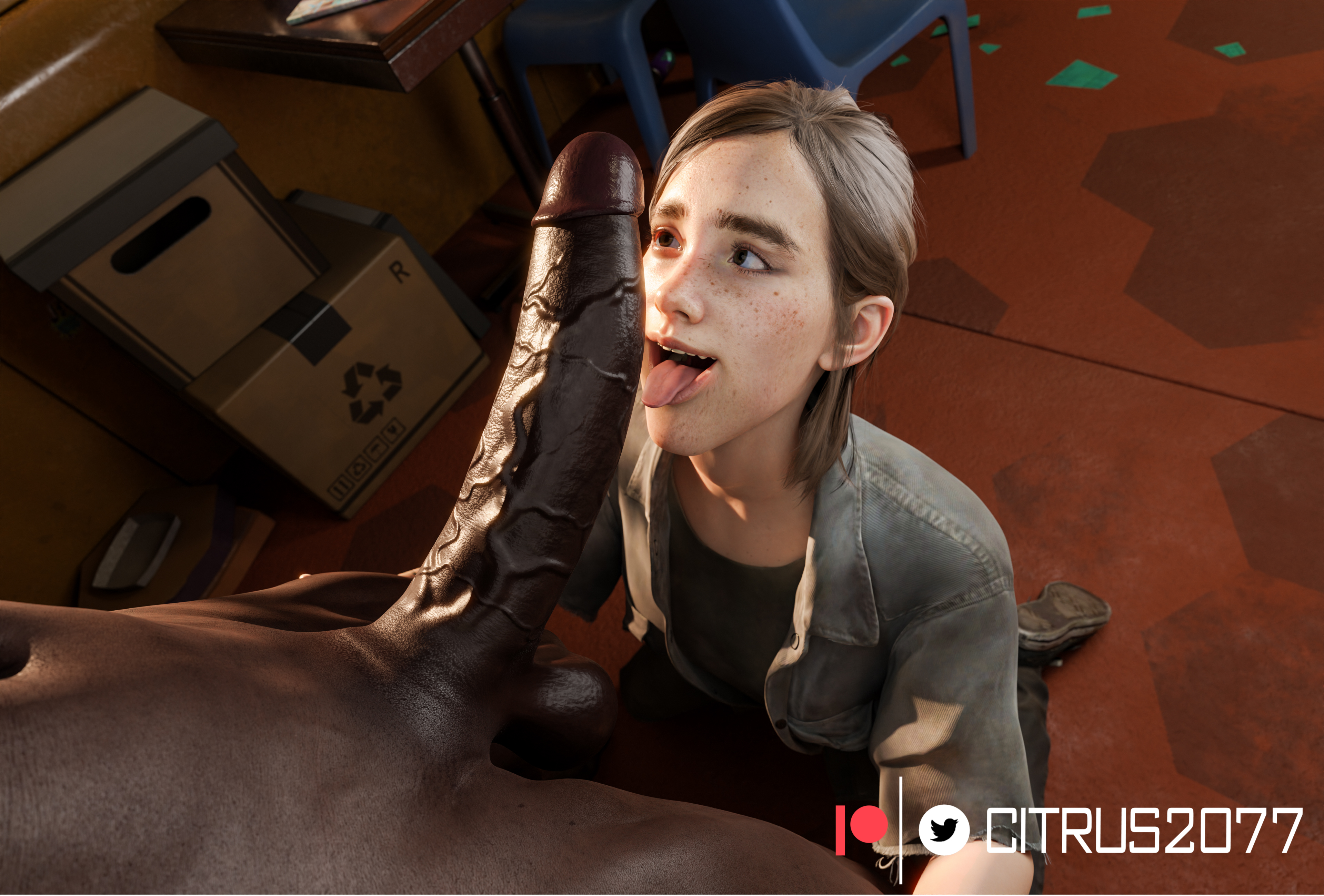 1boy, 1girls, 3d, ahe gao, alternate version at source, alternate version available, big penis, brown eyes, brown hair, citrus2077, clothed female nude male, dark skin, dark-skinned male, ellie (the last of us), ellie williams, female, freckles, happy, huge cock, imminent oral, imminent sex, interracial, light skin, light-skinned female, male, on knees, penis, penis awe, sticking out tongue, the last of us, the last of us 2, tongue, tongue out