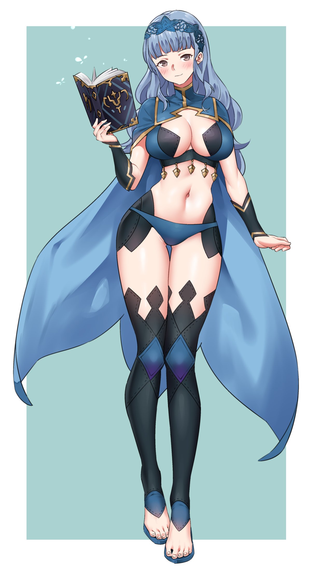 1girls alternate_costume ass_visible_through_thighs black_thighhighs blue_cape blue_hair blue_hairband blue_panties blunt_bangs blush book breasts brown_eyes cape cleavage cleavage_cutout closed_mouth clothing_cutout commentary commission cosplay dark_mage_(fire_emblem_fates) english_commentary female female female_only fire_emblem fire_emblem:_three_houses fire_emblem_fates fire_emblem_warriors:_three_hopes hairband highres holding holding_book igni_tion lace-trimmed_hairband lace_trim large_breasts long_hair looking_at_viewer marianne_von_edmund navel nintendo official_alternate_hairstyle ophelia_(fire_emblem) ophelia_(fire_emblem)_(cosplay) panties smile solo stomach stomach_cutout thighhighs toenails toes underwear