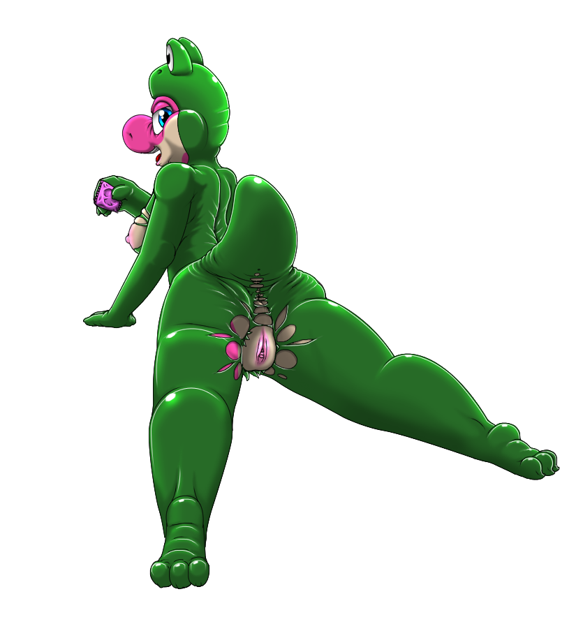 anthro breasts clothing condom female frog_costume genitals kitsune_youkai mario_(series) nintendo nipples pink_body pussy sexual_barrier_device simple_background solo torn_clothing twilight_stormshi_(character) white_background yoshi