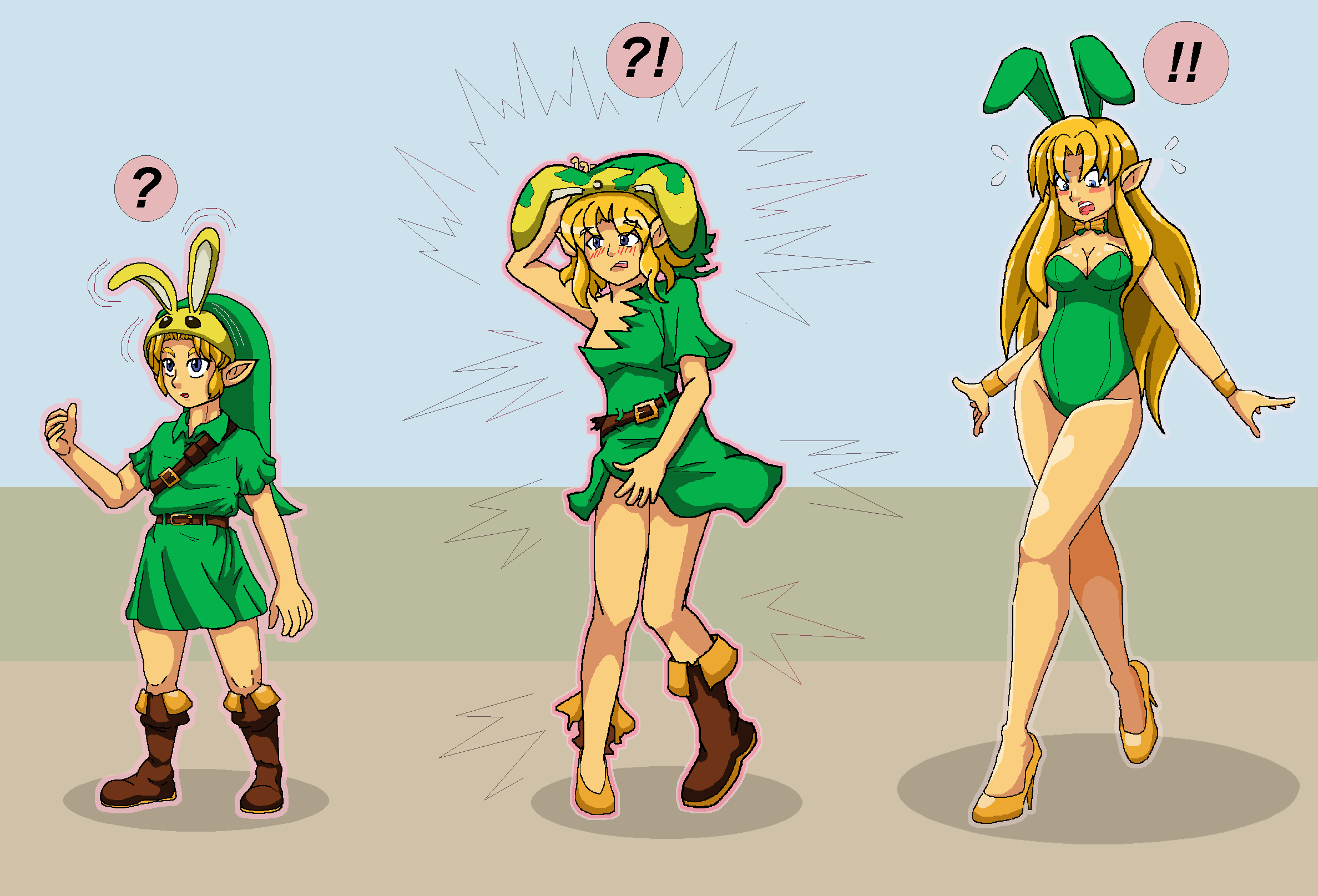 1girls ass_expansion breast_expansion bunny_ears bunnysuit female gender_transformation genderswap genderswap_(mtf) high_heels huge_ass huge_breasts leotard link mtf_transformation sera-fuku the_legend_of_zelda thick_thighs thigh_expansion transformation transformation_sequence wide_hips young_link