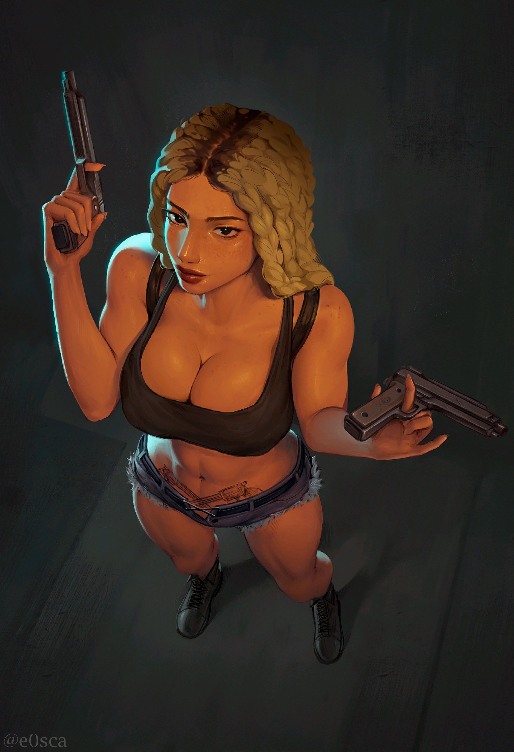 bad trigger discipline, big breasts, boob window, booty shorts, braid, braided hair, braids, breasts, clothed, clothing, dark skin, dark-skinned female, e0sca, female, gun, guns, munroe (youngcloudyj), oc, original, original character, solo, solo female, toned, toned body, toned female, toned stomach, weapon