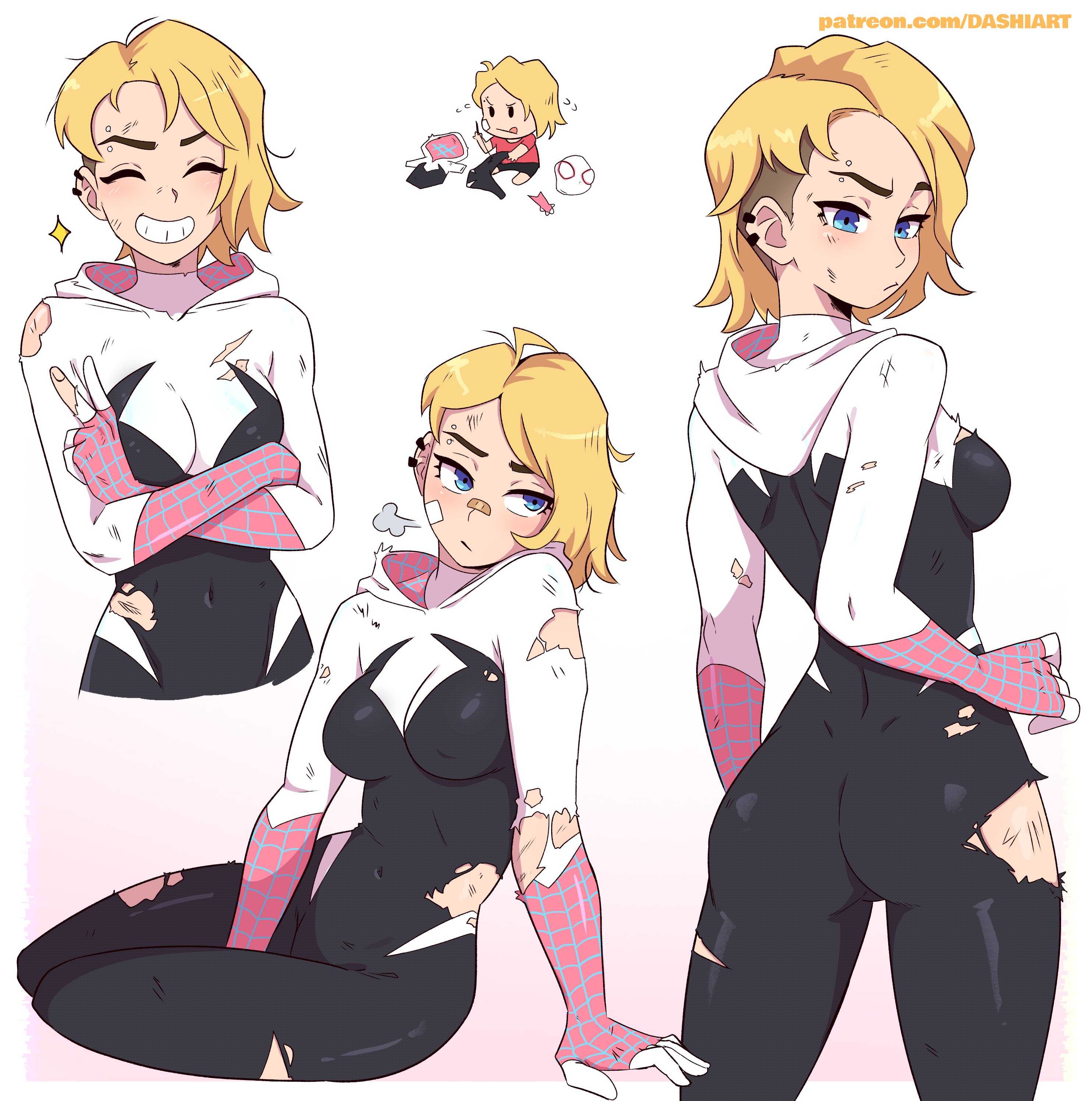 blonde female, blonde hair, blonde-haired female, blue eyes, breasts, chibi, clothed, clothing, cute, dashi art, ear piercing, eyebrow piercing, female, female focus, gwen stacy, gwen stacy (spider-verse), hoodie, male, marvel, marvel comics, piercing, piercings, presenting, presenting hindquarters, ripped clothing, smile, smiling, solo, solo female, spider-gwen, spider-man (series), spider-man: across the spider-verse, spider-man: into the spider-verse, undercut, yellow hair