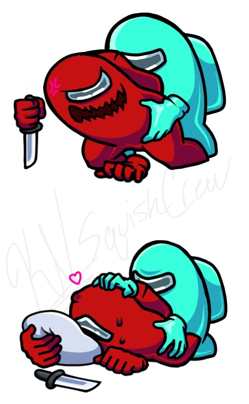 ambiguous gender, ambiguous penetration, ambiguous/ambiguous, among us, crewmate (among us), cyan (among us), defeated, from behind, fucked into submission, grabing from behind, impostor (among us), knife, non-human, red (among us), squishcrew (artist), toony