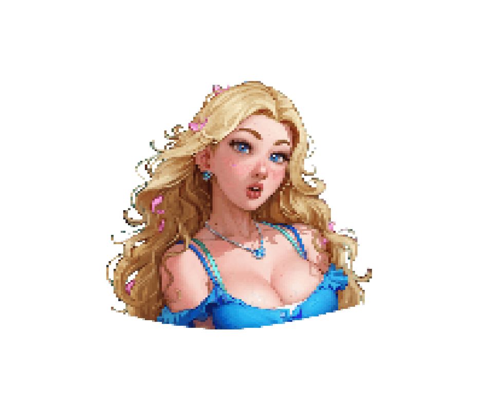 aroma sensei, blonde hair, blue eyes, earrings, female, haley (stardew valley), jewelry, necklace, pixelated, solo, stardew valley