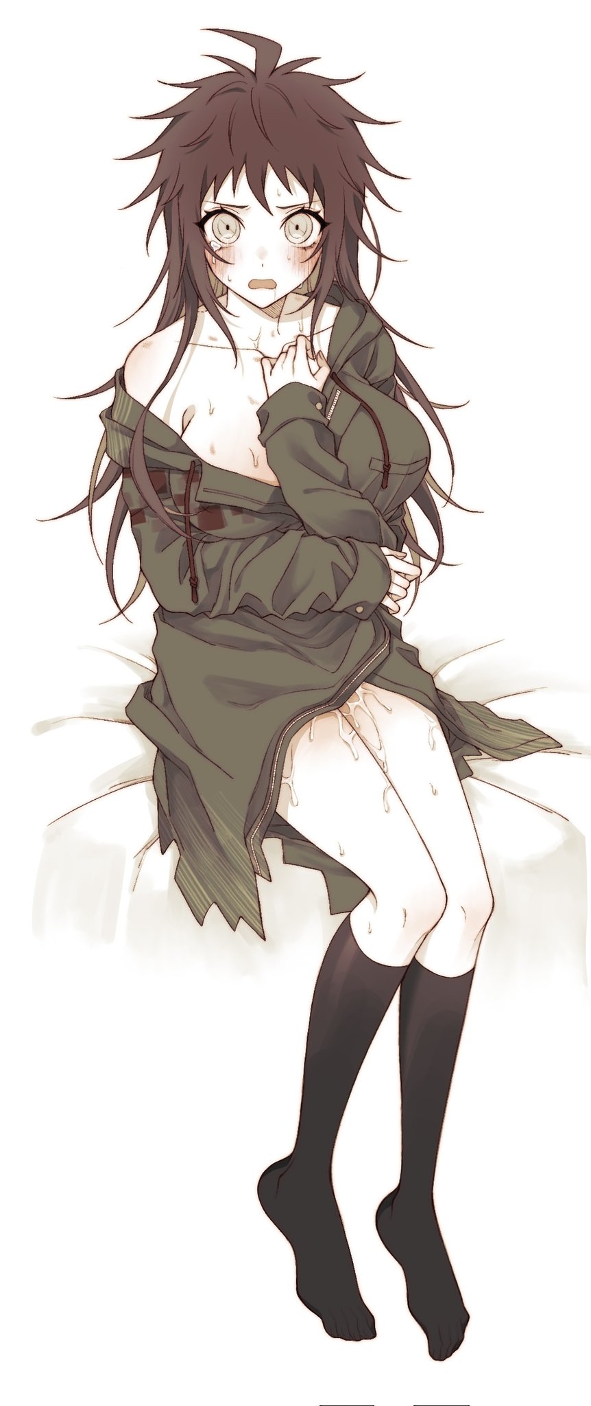 ahoge amera_(irisqr3) breasts brown_eyes brown_hair collarbone cum cum_on_legs danganronpa danganronpa_2:_goodbye_despair female genderswap_(mtf) green_jacket highres hinata_hajime jacket kneehighs large_breasts long_hair looking_at_viewer no_shoes on_bed open_mouth rule_63 sitting smooth_skin socks solo sweat