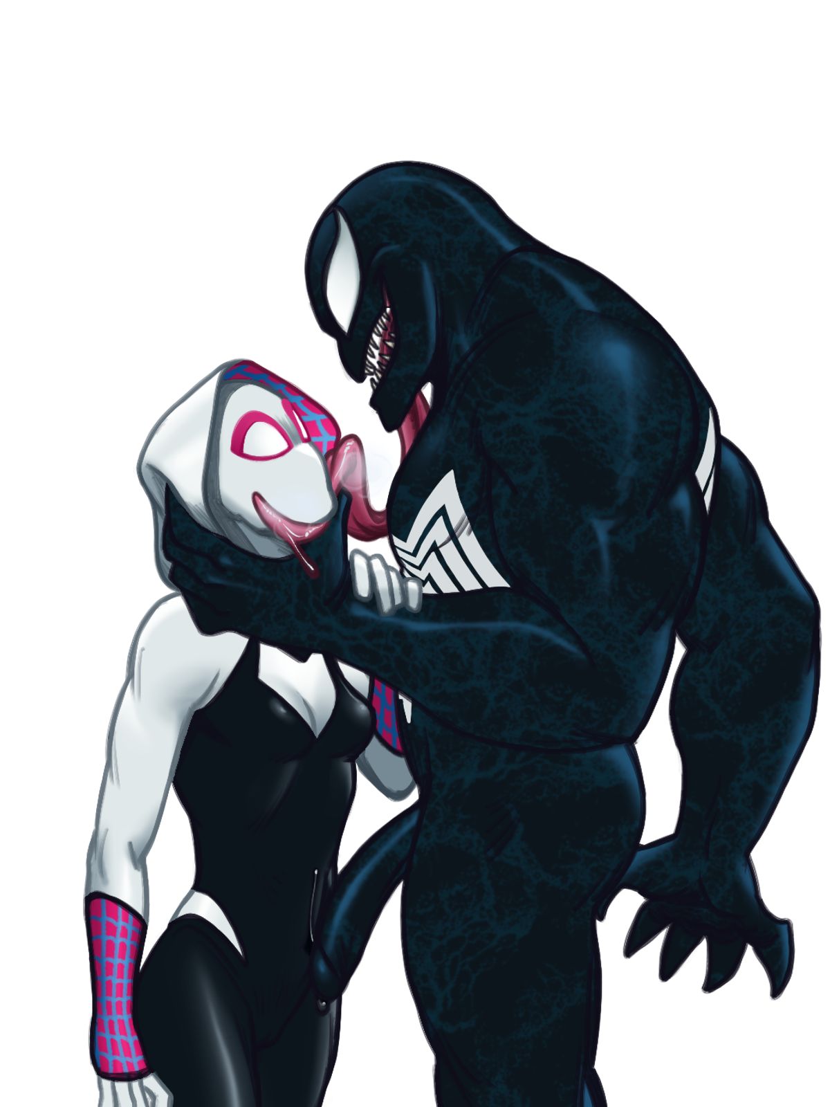 1boy, 1girls, big dom small sub, big penis, bodysuit, face lick, female, gwen stacy, hand on neck, human, humanoid, interspecies, larger male, long tongue, male, marvel, marvel comics, mask, masked, masked female, neck grab, penis, precum, size difference, slim, spider-gwen, spider-man (series), straight, superheroine, symbiote, venom (marvel), villain