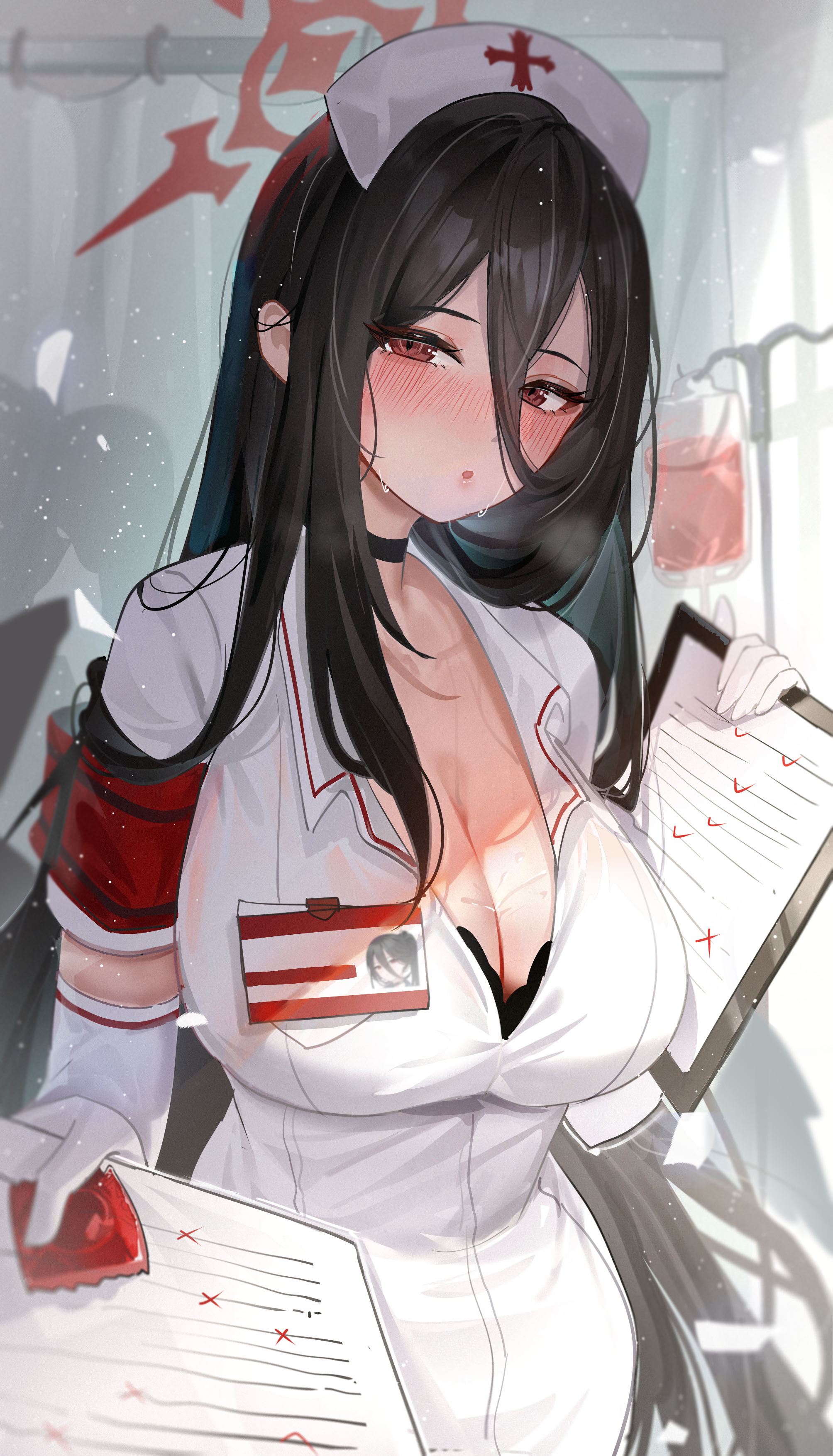 1girls, big breasts, black hair, blue archive, blush, breasts, brown eyes, cleavage, condom, condom wrapper, elbow gloves, female, female only, gloves, hasumi (blue archive), huge breasts, id card, light skin, light-skinned female, long hair, looking at viewer, nurse, seminar (blue archive), slim waist, solo, tansuan (ensj3875), trinity general school student, uniform, unopened condom wrapper, white gloves