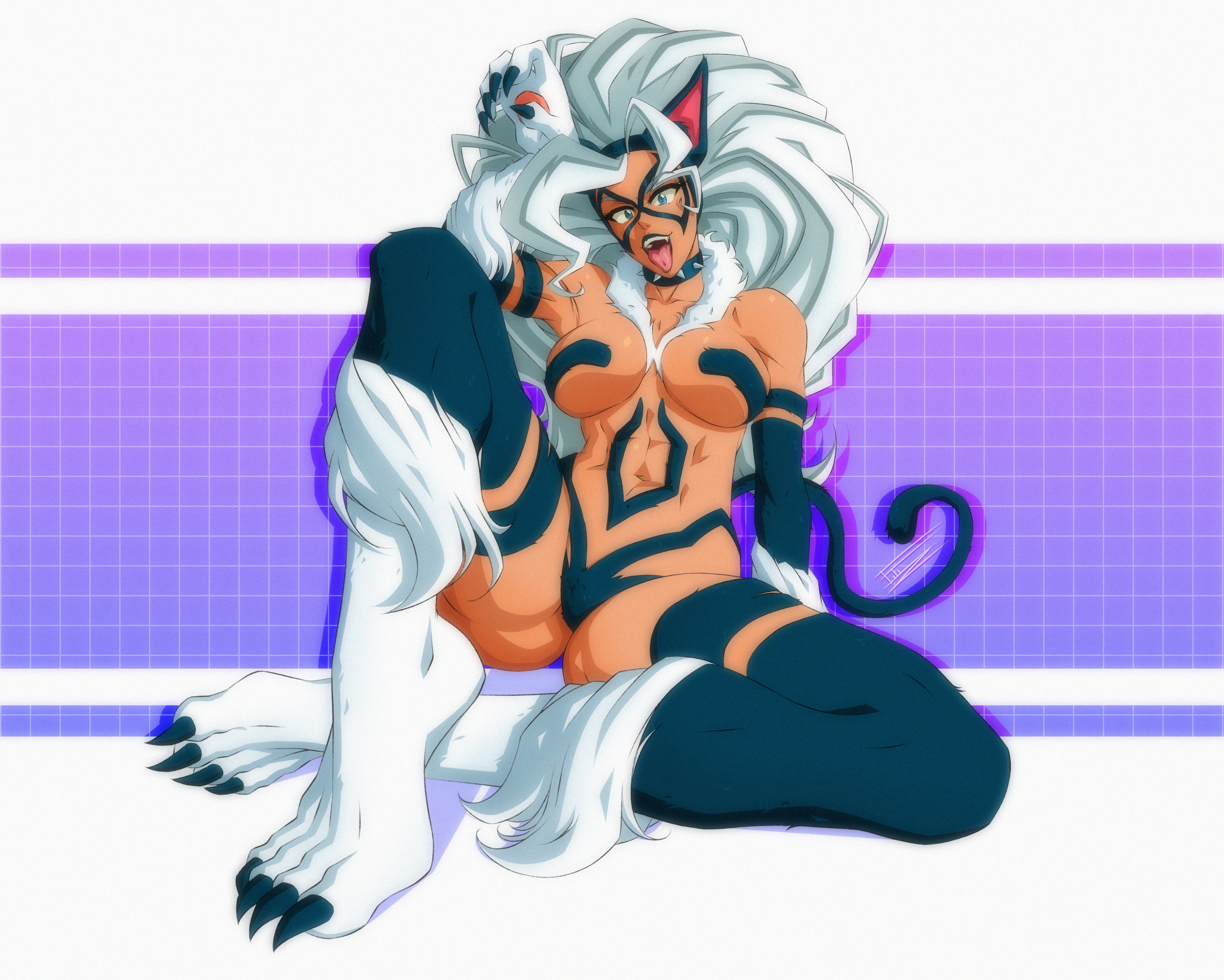 abs, animal hands, animal legs, big breasts, black cat (cosplay), breasts, capcom, cat ears, cat girl, cat tail, catgirl, choker, claws, collar, cosplay, costume, crossover cosplay, curvy, darkstalkers, felicia, felicia (darkstalkers), female, fitiddies, hourglass figure, huge breasts, long hair, marvel, marvel comics, marvel vs. capcom, sharp claws, sharp fingernails, sharp toenails, small breasts, smile, smiling, solo, solo female, spider-man (series), tail, thick thighs, toned, toned body, toned female, toned stomach, tongue, tongue out, white hair