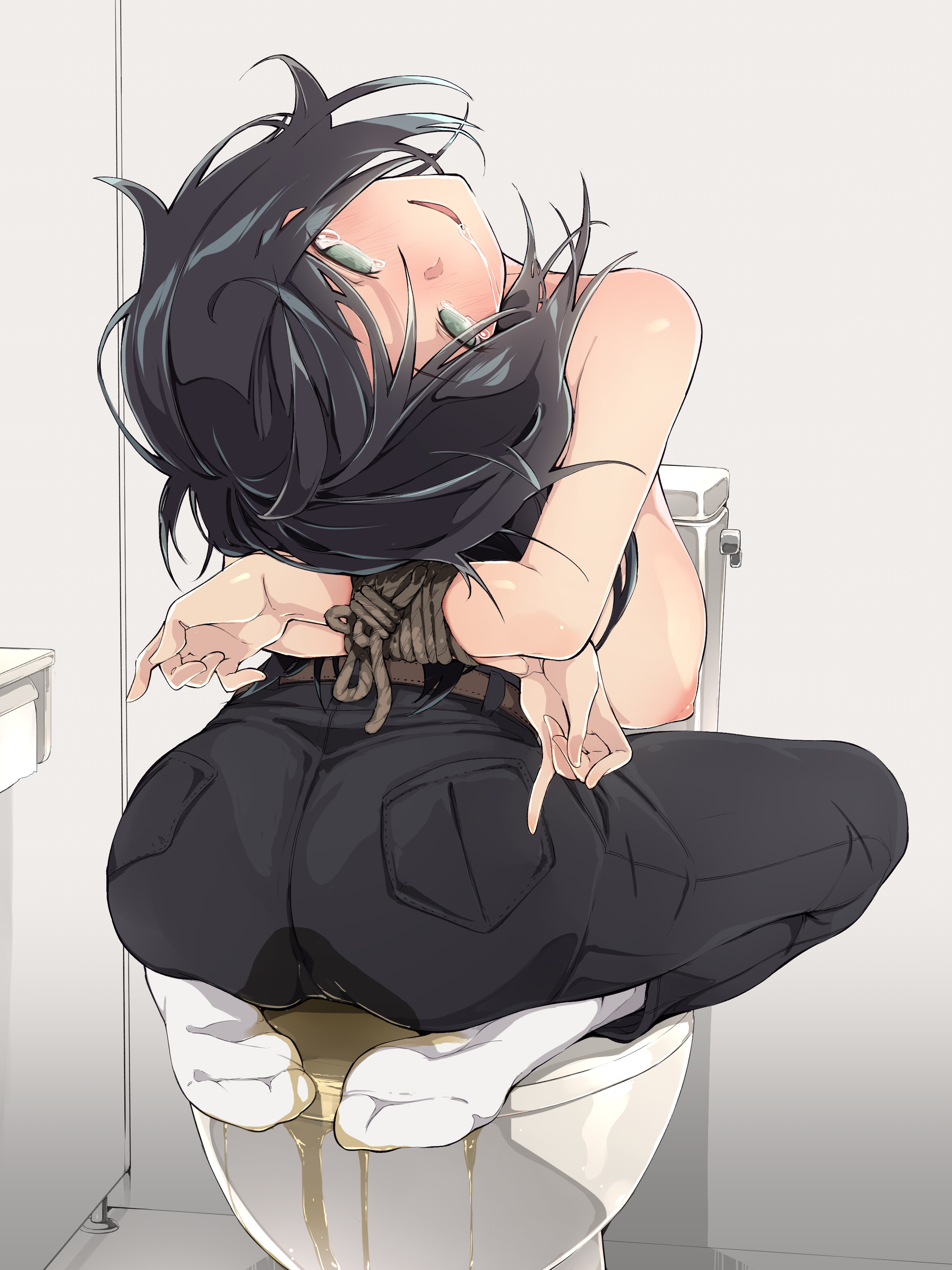 1girls, arms behind back, ass, bathroom, big ass, big breasts, black hair, black pants, blush, bondage, breasts, broken neck, corpse, death, dim carcosa, drooling, empty eyes, female, female death, female only, gore, green eyes, guro, happy, large ass, large breasts, long hair, looking back at viewer, masochism, masochist, nipples, on toilet, open mouth, original, pants, peeing, peeing self, public bathroom, public restroom, rope, rope bondage, saliva, saliva trail, sitting on toilet, socks, solo, tears, tight pants, toilet, toilet stall, topless, topless female, urine, urine pool, urine puddle, wetting, wetting clothing, wetting self, white socks