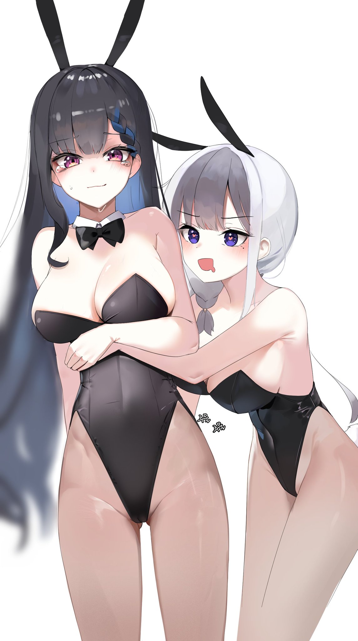 2girls azarashi_hapu big_breasts black_hair blush bowtie breasts bunnysuit clothed clothing crying_with_eyes_open embarrassed heart-shaped_pupils light-skinned_female light_skin sasha_6601 simple_background symbol-shaped_pupils two_tone_hair v-llage virtual_youtuber white_background white_hair yona_(vtuber)