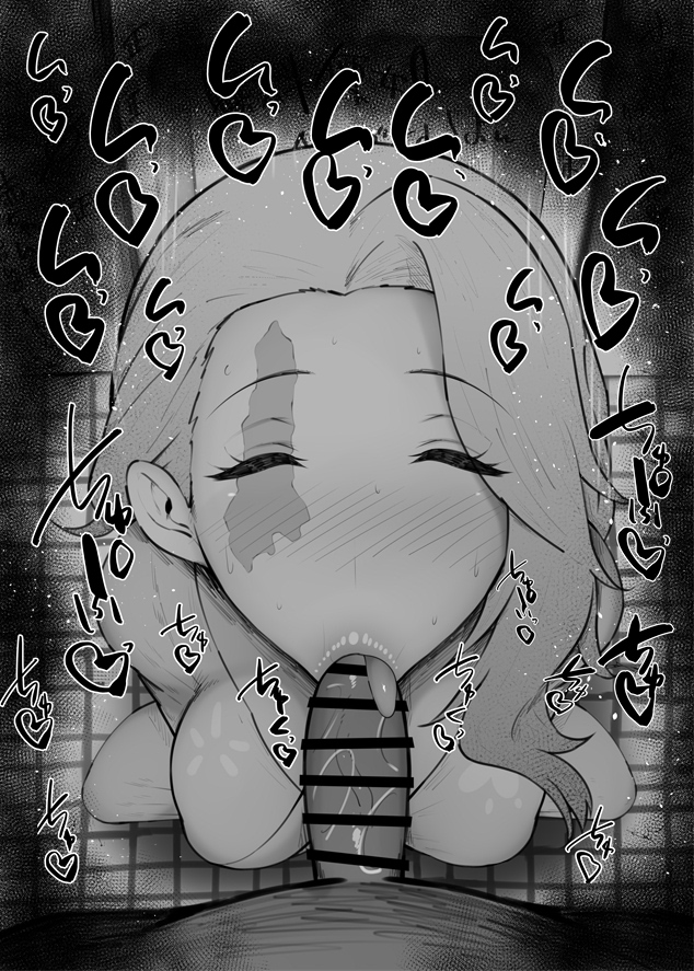 1boy, 2023, bar censor, big breasts, big penis, black and white, blush, breasts, censored, closed eyes, dark skin, dark-skinned male, detailed background, dress, drooling, eyelashes, fellatio, female, heart, human, indoor, inside, jigokuraku, kurotama, long hair, male, male pov, mappa, monochrome, oral, oral sex, penis, ponytail, pov, room, saliva, scarshiny, shiny skin, shounen jump, shounen jump+, sketch, sound effects, squatting, sweat, text, tongue, tongue out, vein, veins, veiny, veiny penis, yui (jigokuraku)