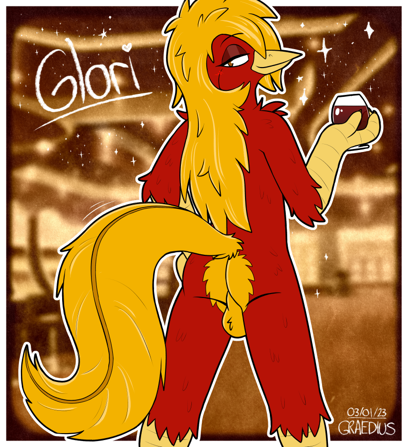 alcohol anthro ass avian balls beak beverage bird casino chrysolophus eyeliner feathers galliform genitals glori_gamebird golden_pheasant graedius_(artist) hair long_hair long_tail makeup male phasianid pinup pose red_body red_feathers tail wine yellow_beak yellow_body yellow_feathers