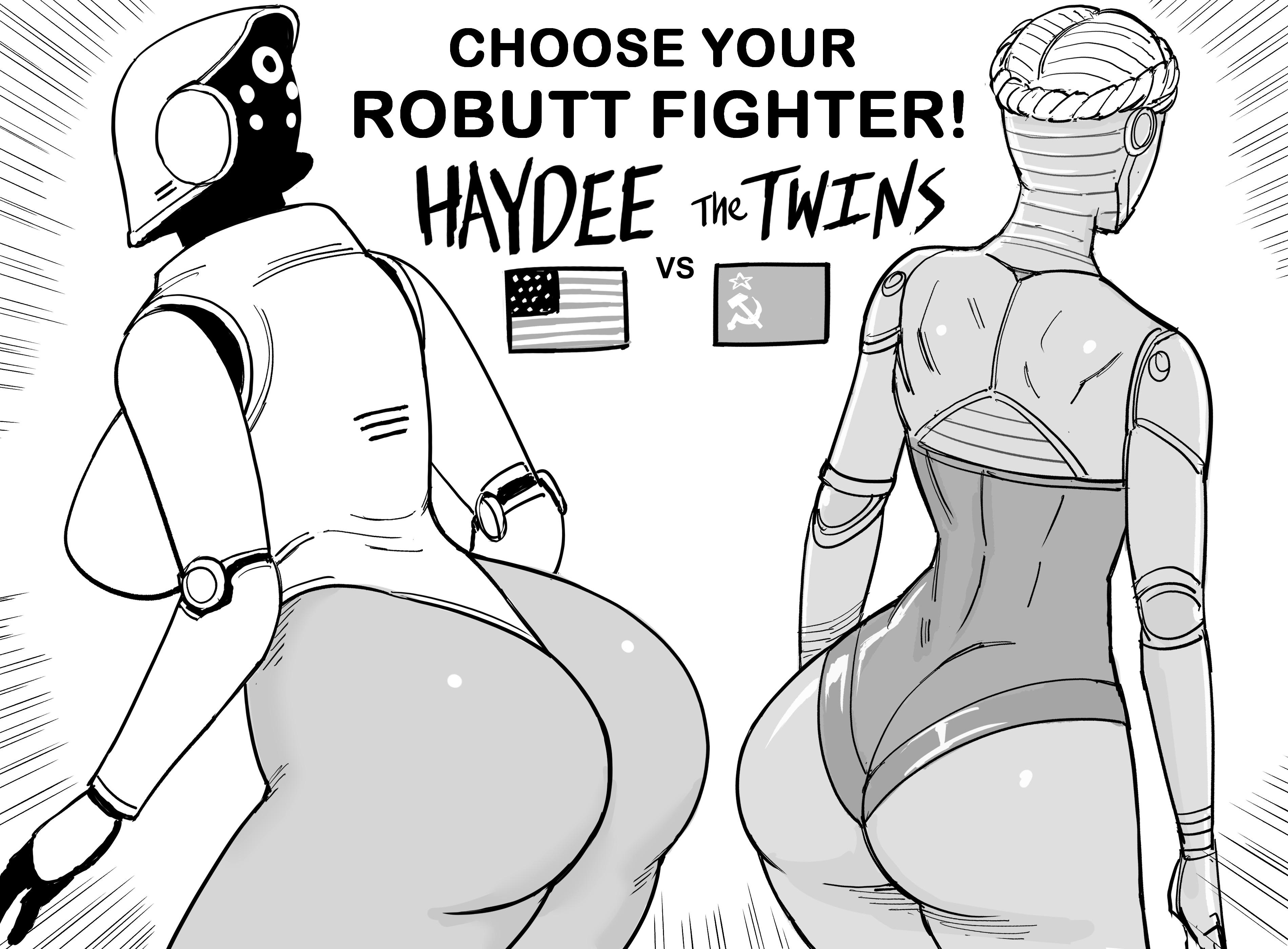 2girls, android, ass, ass focus, atomic heart, bb (baalbuddy), big ass, big breasts, braid, braided hair, breasts, crossover, english text, faceless, faceless female, female, female focus, female only, haydee, haydee (game), humanoid, large breasts, leotard, monochrome, right (atomic heart), robot, robot girl, robot humanoid, sideboob, take your pick, text, the twins (atomic heart), thick thighs