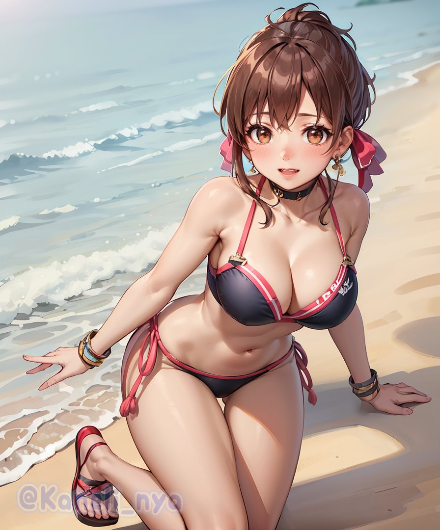 1girls ai_generated alternate_breast_size beach big_breasts bikini black_bikini brown_eyes brown_hair busty cleavage female female_only kaneli_nya king_of_fighters large_breasts looking_at_viewer midriff momoko_(kof) navel ocean open_mouth smile snk solo thick_thighs thighs voluptuous water