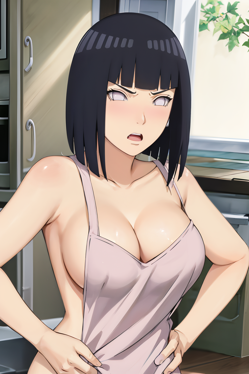 ai_generated angry big_breasts blue_eyes boruto:_naruto_next_generations breasts cleavage female female_only half-dressed hand_on_hip hourglass_figure hyuuga_hinata jordan53 kitchen milf msg_ai naked_apron naruto sideboob solo voluptuous voluptuous_female white_eyes