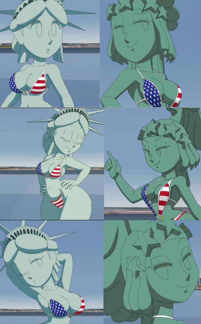 2023 2girls american_flag_bikini arm_on_hip background bikini bikini_bottom bikini_top breasts eye_closed female female_only giantess green_eyelashes green_eyes green_skin hi_res lady_liberty light_blue_eyelashes light_blue_eyes looking_at_viewer looking_back multiple_girls one_eye_closed one_eye_open pose posing public_domain smiling statue_of_freedom statue_of_liberty tansau water