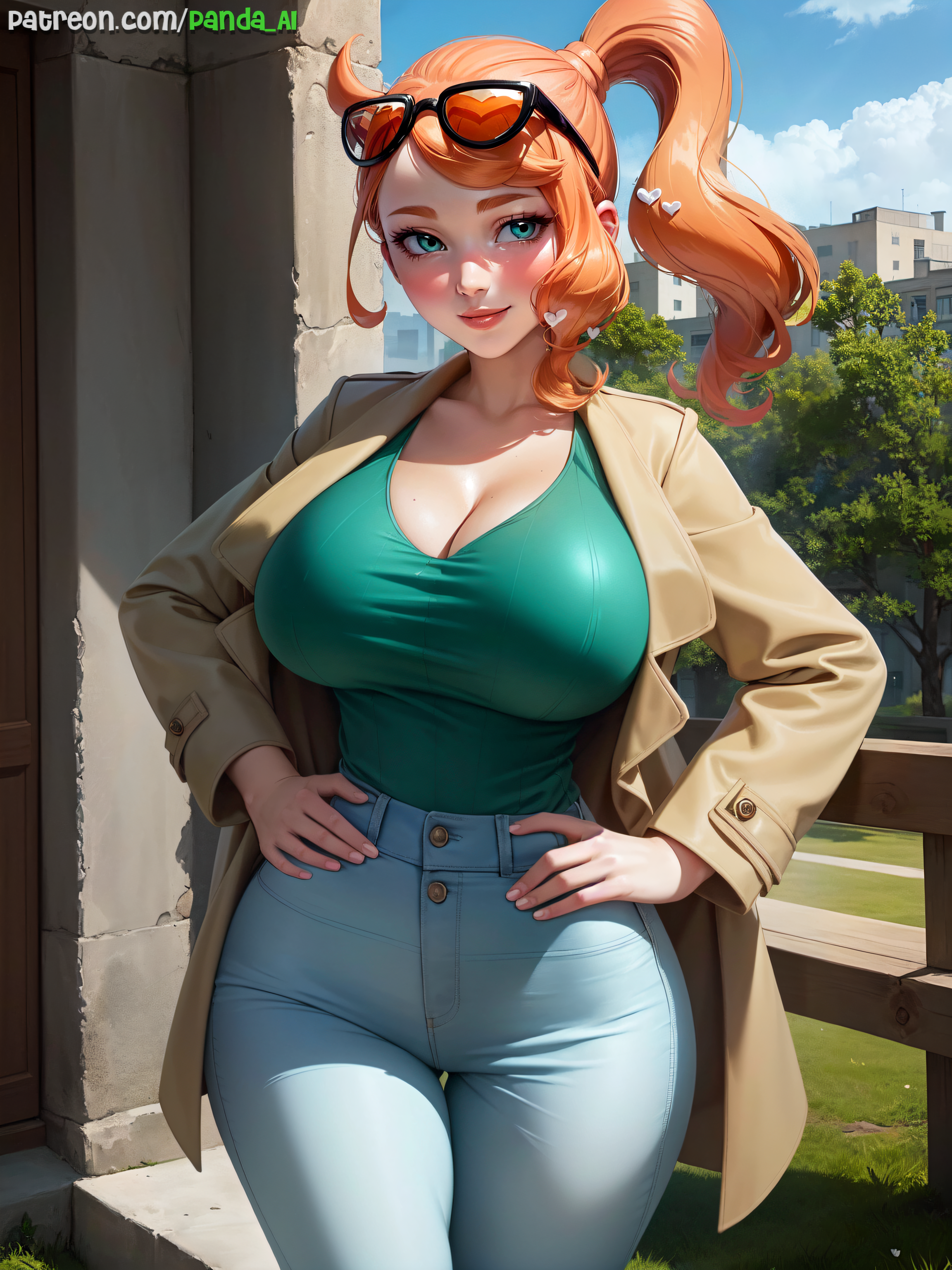 1girls, ai generated, aqua eyes, breasts, curvy, curvy figure, female, game freak, glasses, glasses on head, hips, jeans, large breasts, light skin, light-skinned female, long hair, naughty face, nintendo, orange hair, outdoors, panda ai, panda-ai, pokemon, pokemon ss, side ponytail, smile, sonia (pokemon), stable diffusion, thick thighs, thighs, tight clothing, trenchcoat, wide hips