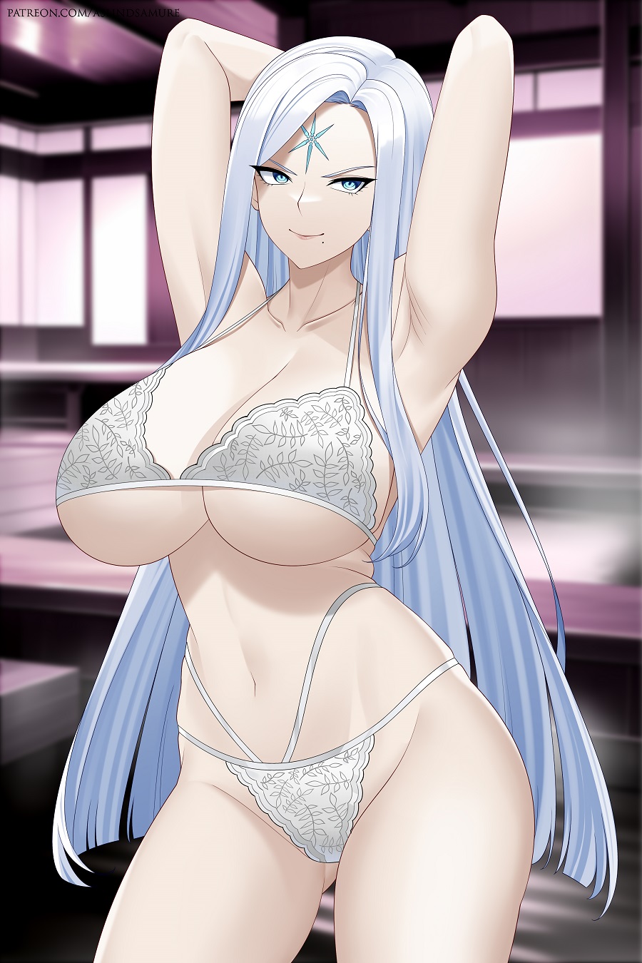 armpits arms_behind_head aslindsamure blue_eyes fairy_tail female female_focus female_only hakune_(fairy_tail) huge_breasts lingerie long_hair mole_under_eye navel pale_skin smile solo standing tattoo thighs white_hair white_skin