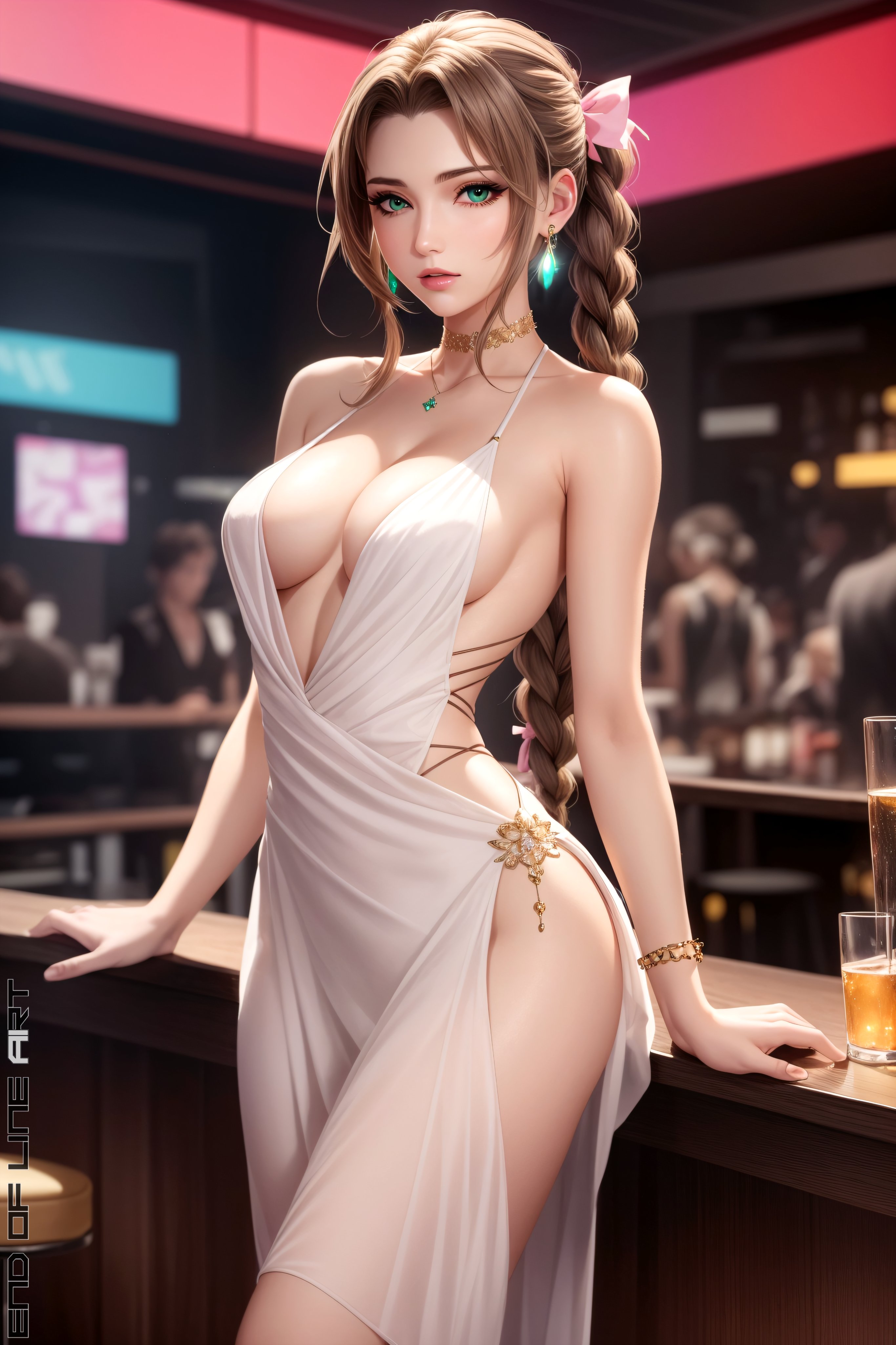 aerith gainsborough, ai generated, bar, bare shoulders, big breasts, breasts, brown hair, cleavage, dress, earrings, end of line, female, final fantasy, final fantasy vii, final fantasy vii remake, green eyes, hair ribbon, halter dress, light skin, light-skinned female, looking at viewer, necklace, seductive, spaghetti strap, stable diffusion, thighs, very long hair, white dress