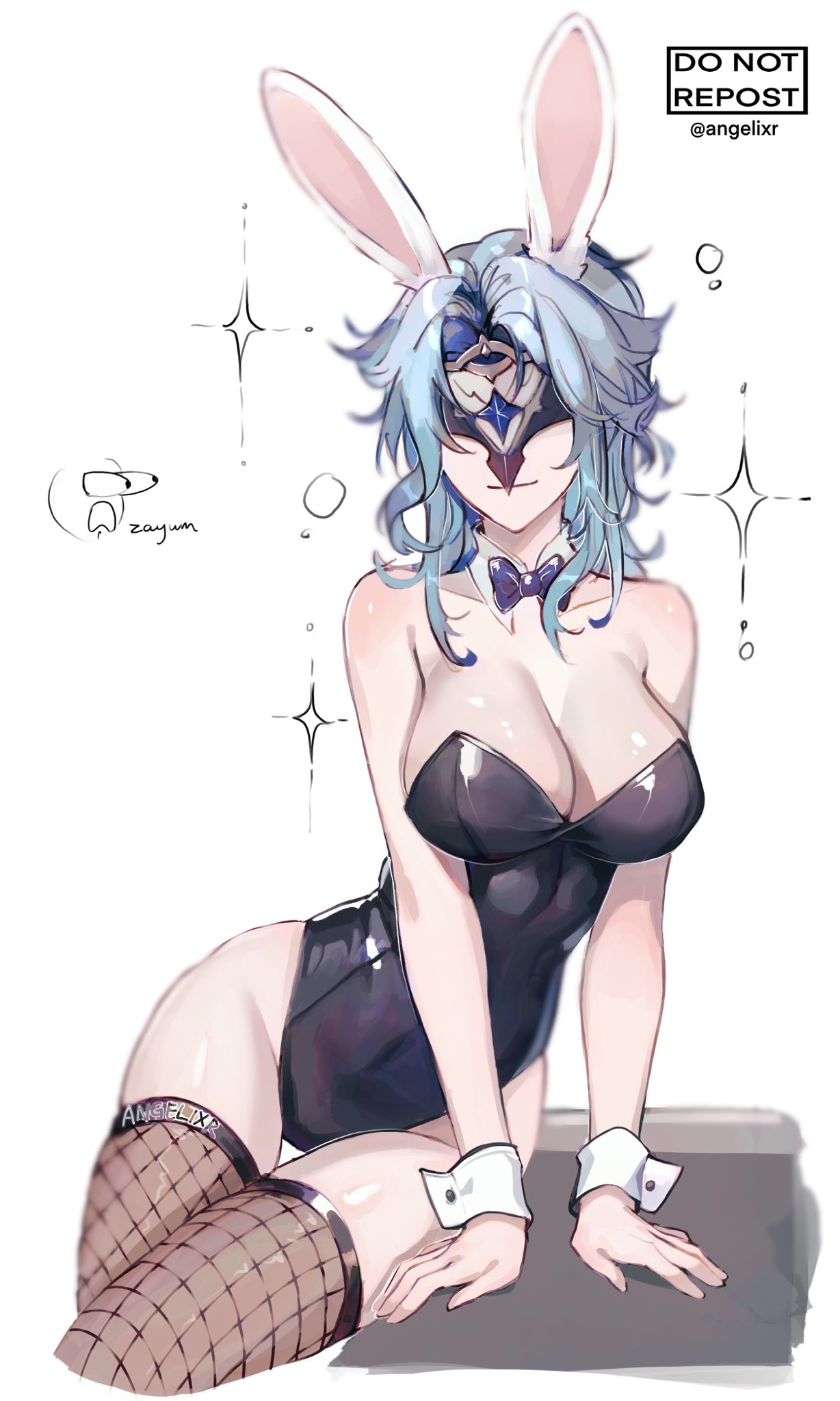 angelixr_(artist) blue_hair breasts bunny_costume bunny_ears bunny_girl bunny_suit bunnysuit dottore_(genshin_impact) eyes_covered fishnets genderswap_(mtf) genshin_impact hoyoverse mask thighhighs thighs