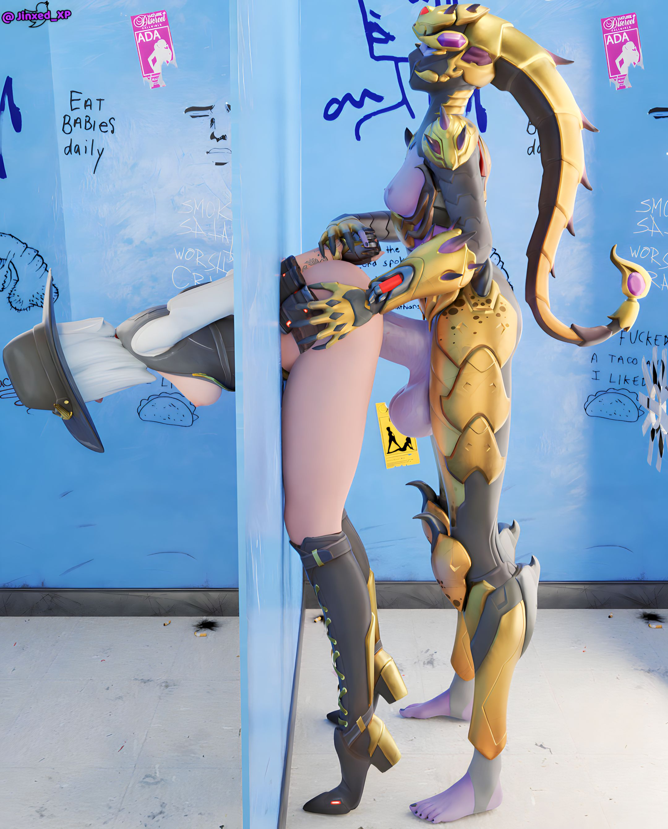 1futa, 1girls, 3d, ashe (overwatch), balls, big balls, big penis, black toenails, female, futa on female, futanari, glory hole, hung futa, intersex, jinxed xp, overwatch, penis, widowmaker