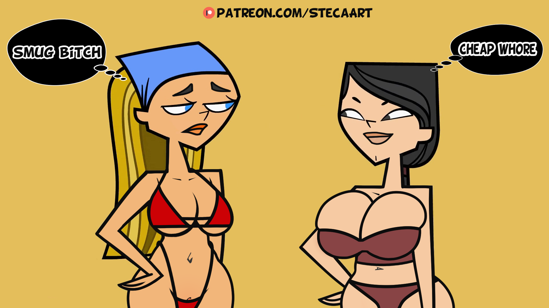 2girls, accurate art style, ass, big breasts, bikini, breasts, edit, edited, english, english text, female, female only, heather (tdi), highleg bikini, huge breasts, lindsay (tdi), long hair, multiple females, multiple girls, screencap, screenshot, screenshot edit, serious, skimpy, steca, string bikini, thelazyart, thick, thick ass, thick legs, thick thighs, thighs, total drama island, wide hips