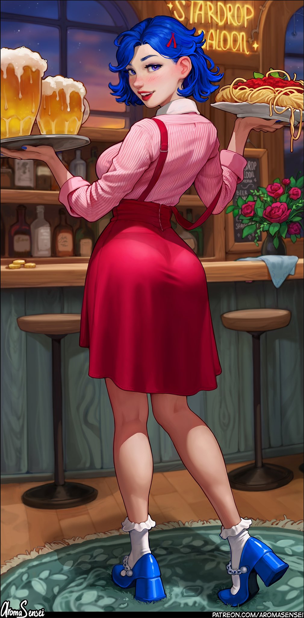 1girls aroma_sensei barmaid beer beer_mug big_ass big_breasts blue_hair blush blushing_at_viewer breasts busty curvaceous curvy curvy_figure cute cute_face digital_media_(artwork) drink emily_(stardew_valley) eyebrows eyelashes eyes female female_focus fit fit_female food full_body hair high_heels hips holding_drink holding_object holding_plate holding_tray hourglass_figure human large_breasts legs light-skinned_female light_skin lips long_hair looking_at_viewer looking_back mature mature_female panties_visible_through_clothing pantylines plump_lips red_lipstick see-through skirt slim slim_waist smiling_at_viewer solo spaghetti standing stardew_valley straight thick thick_legs thick_lips thick_thighs thighs top_heavy upper_body voluptuous waist wide_hips