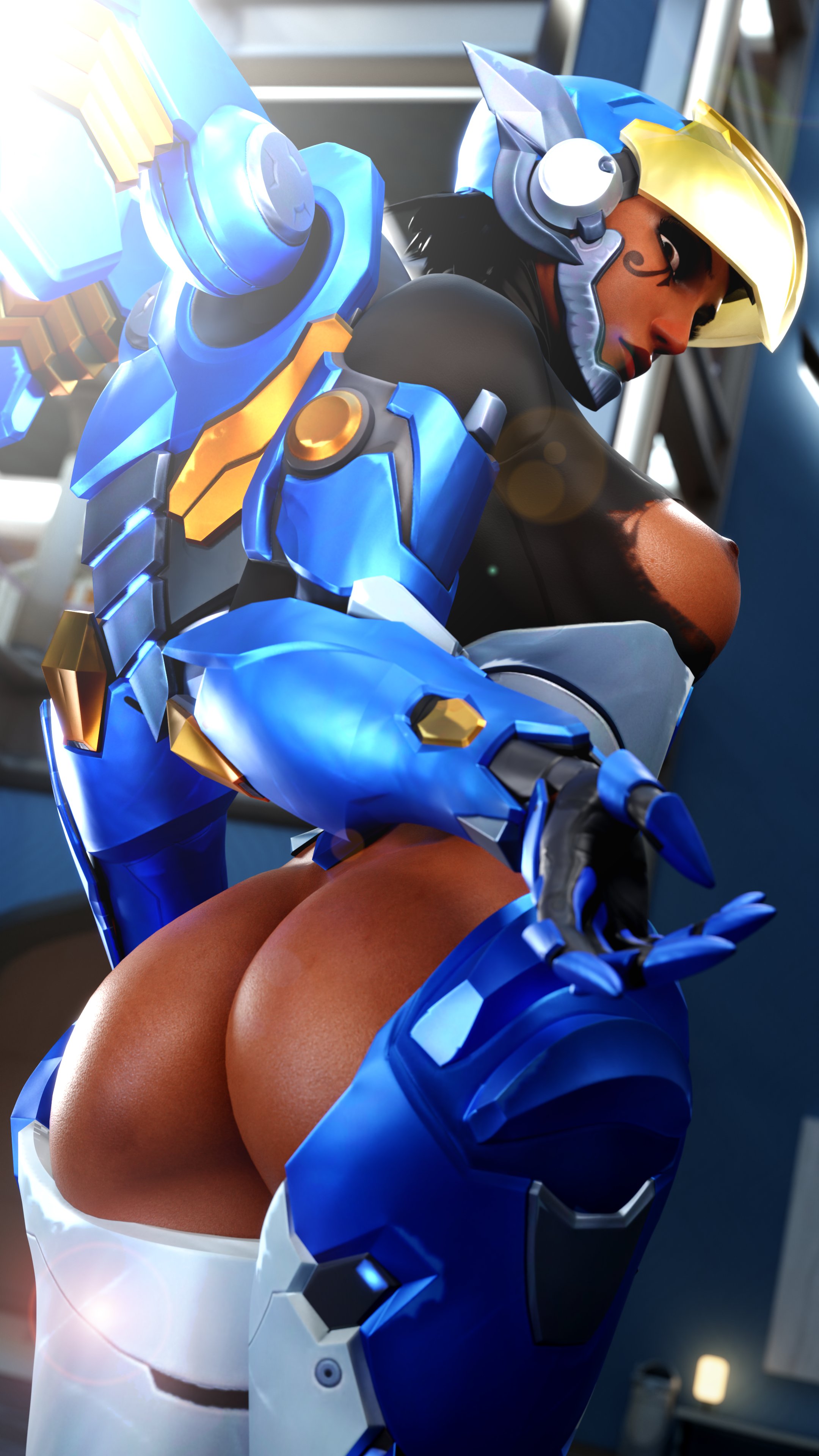 1girls, 3d, 3d (artwork), areolae, armor, ass, black hair, breasts, brown eyes, dark nipples, dark skin, dark-skinned female, female, helmet, hips, jinx shaco, large ass, medium breasts, medium hair, nipples, overwatch, pharah, power armor, ripped clothing, tattoo, thick thighs, thighs