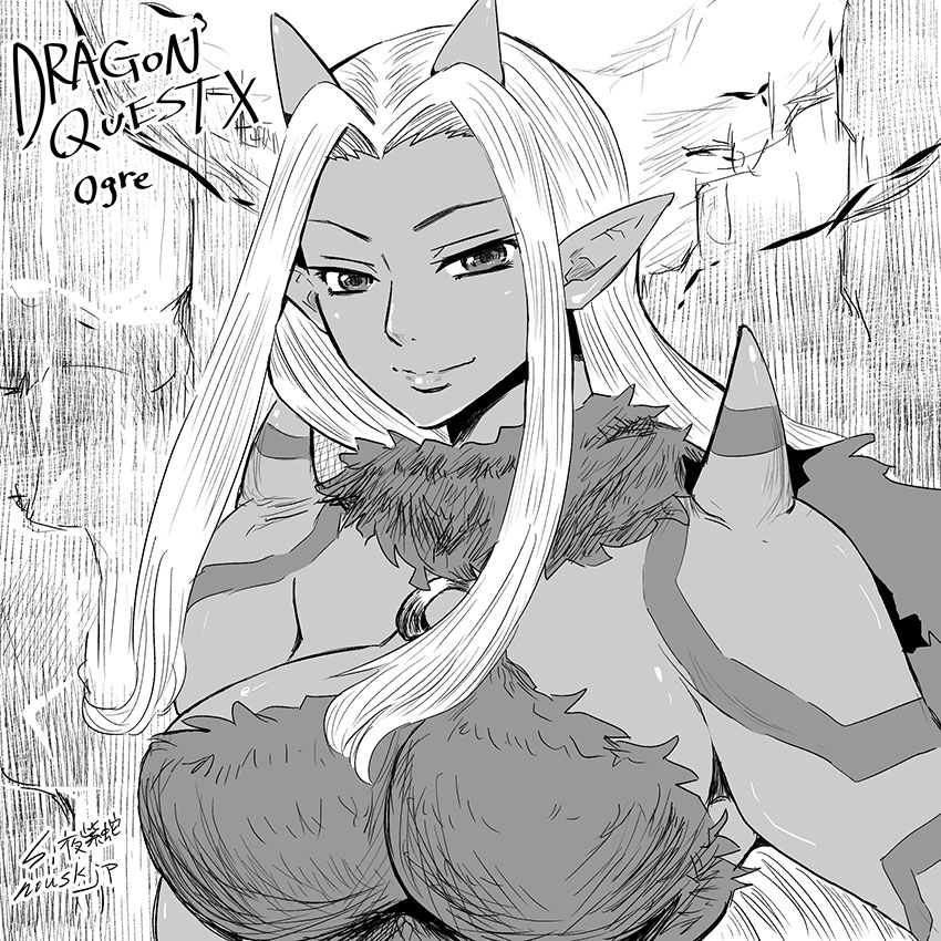 clothing dragon_quest dragon_quest_x huge_breasts large_breasts monochrome muscular muscular_female nousk ogre_(dq10) pointy_ears