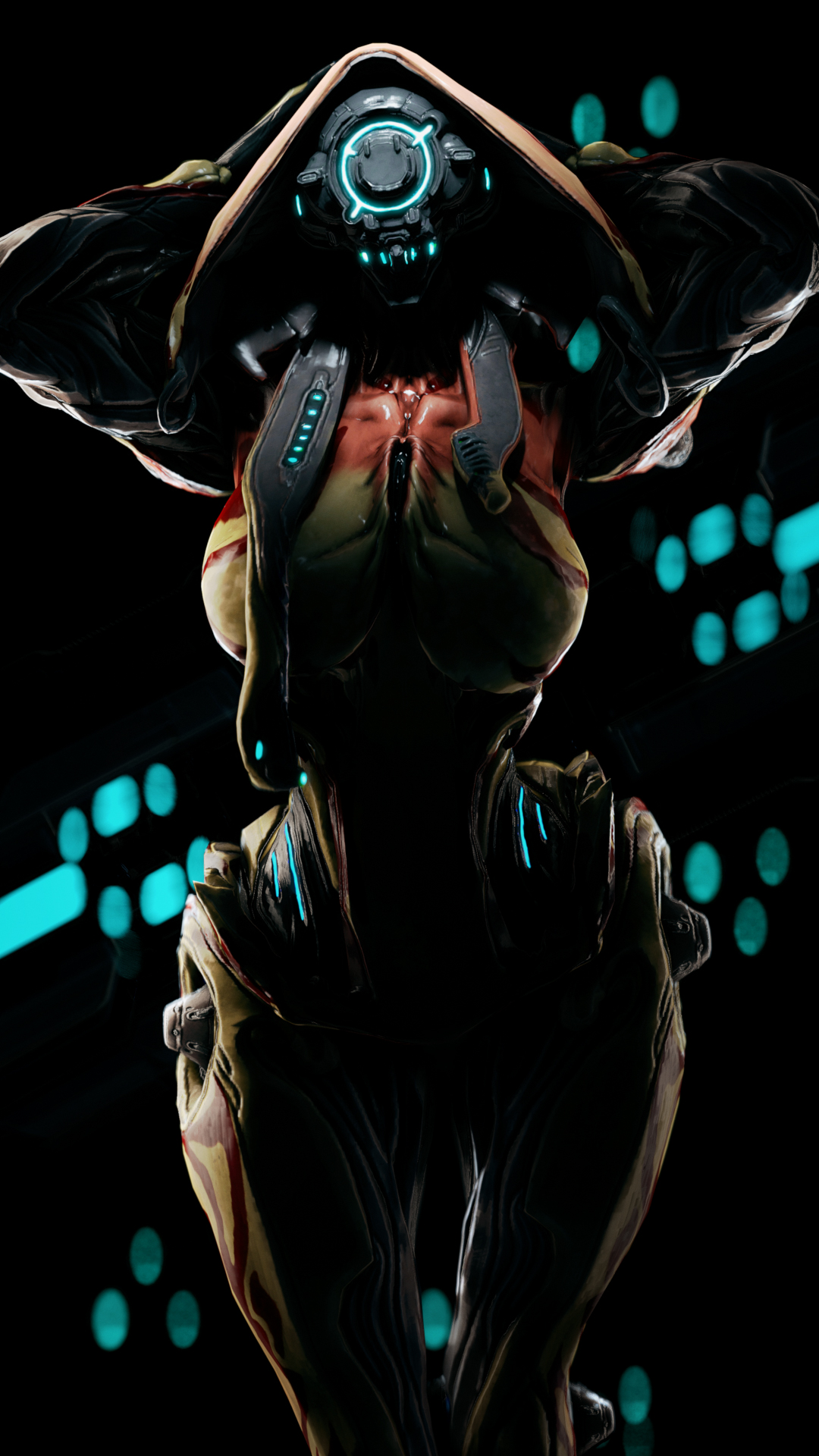 1girls, 3d, 3d (artwork), big breasts, breasts, female, front view, hands behind head, hbnoob, hips, ivara (warframe), large breasts, looking at viewer, robot, robot girl, solo, solo female, thighs, warframe, wide hips