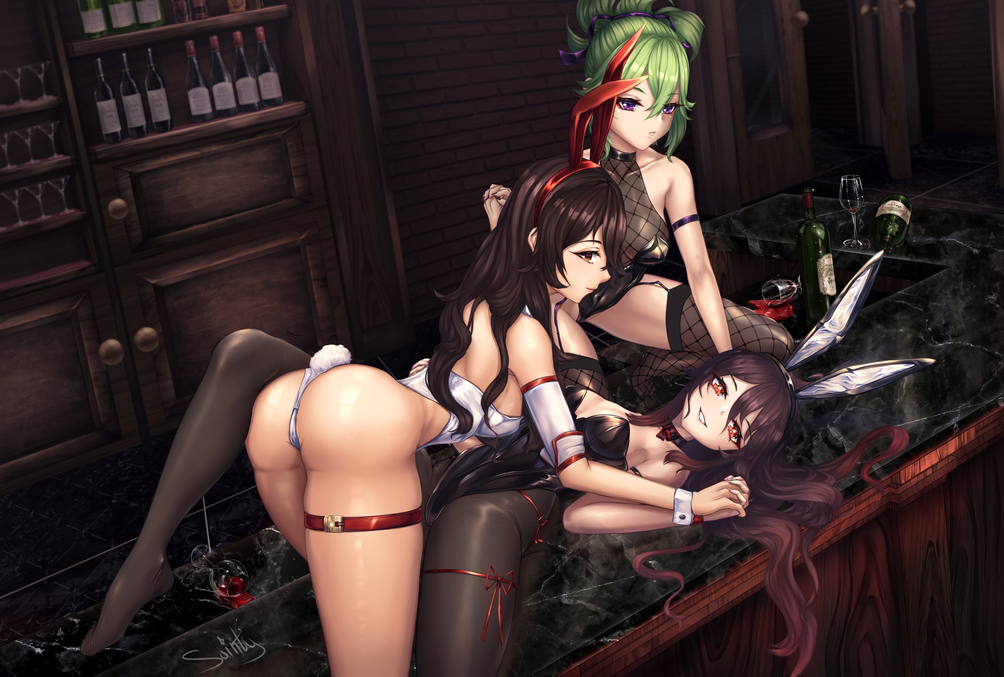 2022, 3girls, absurd res, amber (genshin impact), ass, brown hair, bunny ears, bunny tail, bunnysuit, female, female only, fishnet stockings, fishnets, genshin impact, green hair, hand holding, hu tao (genshin impact), kuki shinobu, lesbian, long hair, looking at viewer, multiple females, multiple girls, on table, orange eyes, pantyhose, purple eyes, sainty, smiling, smiling at viewer, symbol-shaped pupils, thick thighs, trio, wrist cuffs, yuri