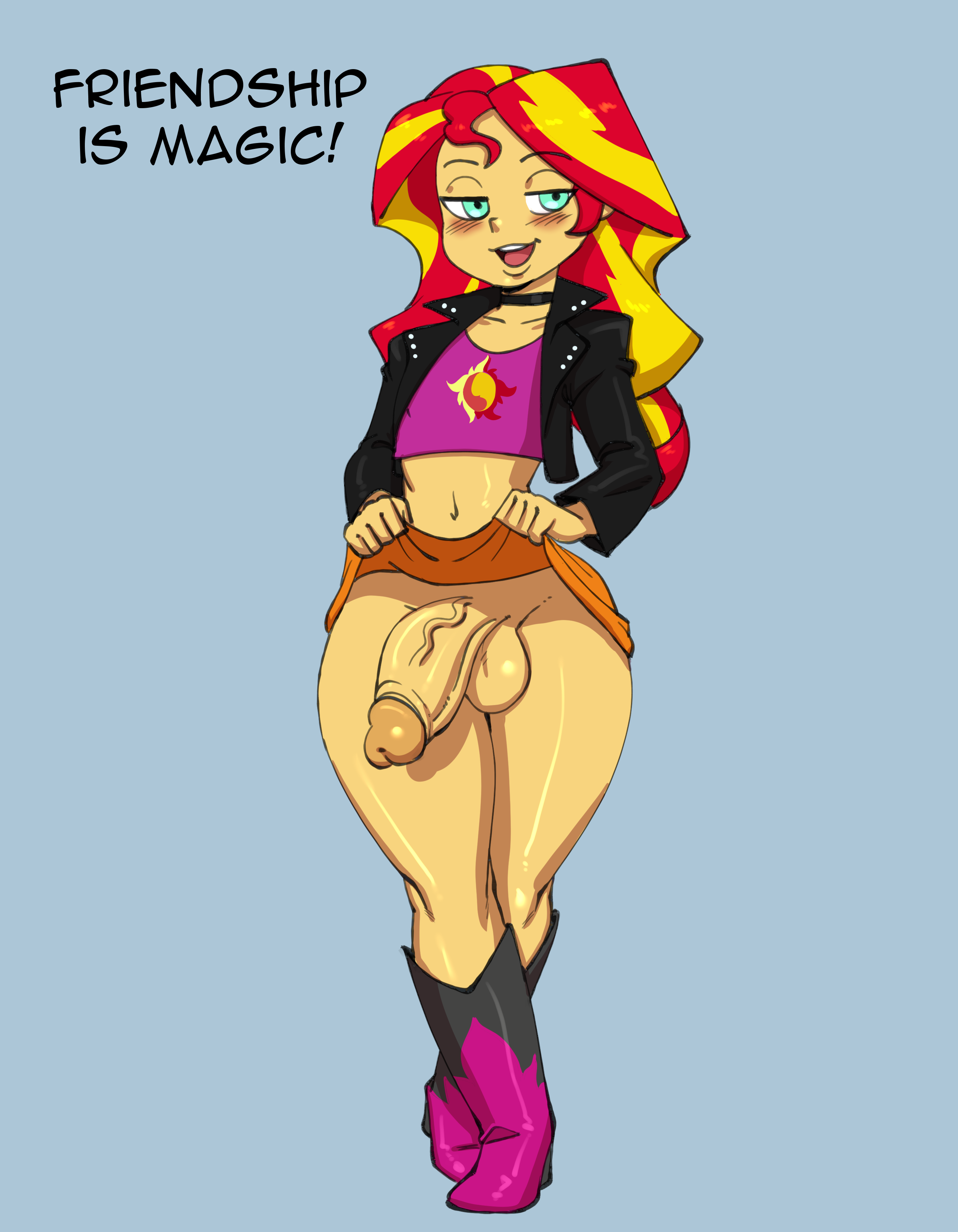 1boy, 1femboy, balls, darkeros13, dick, equestria girls, femboy, feminine male, flashing, genderswap, genderswap (ftm), large penis, male, my little pony, penis, rule 63, skirt, skirt lift, sunset shimmer, thedarkeros, trap, veiny penis