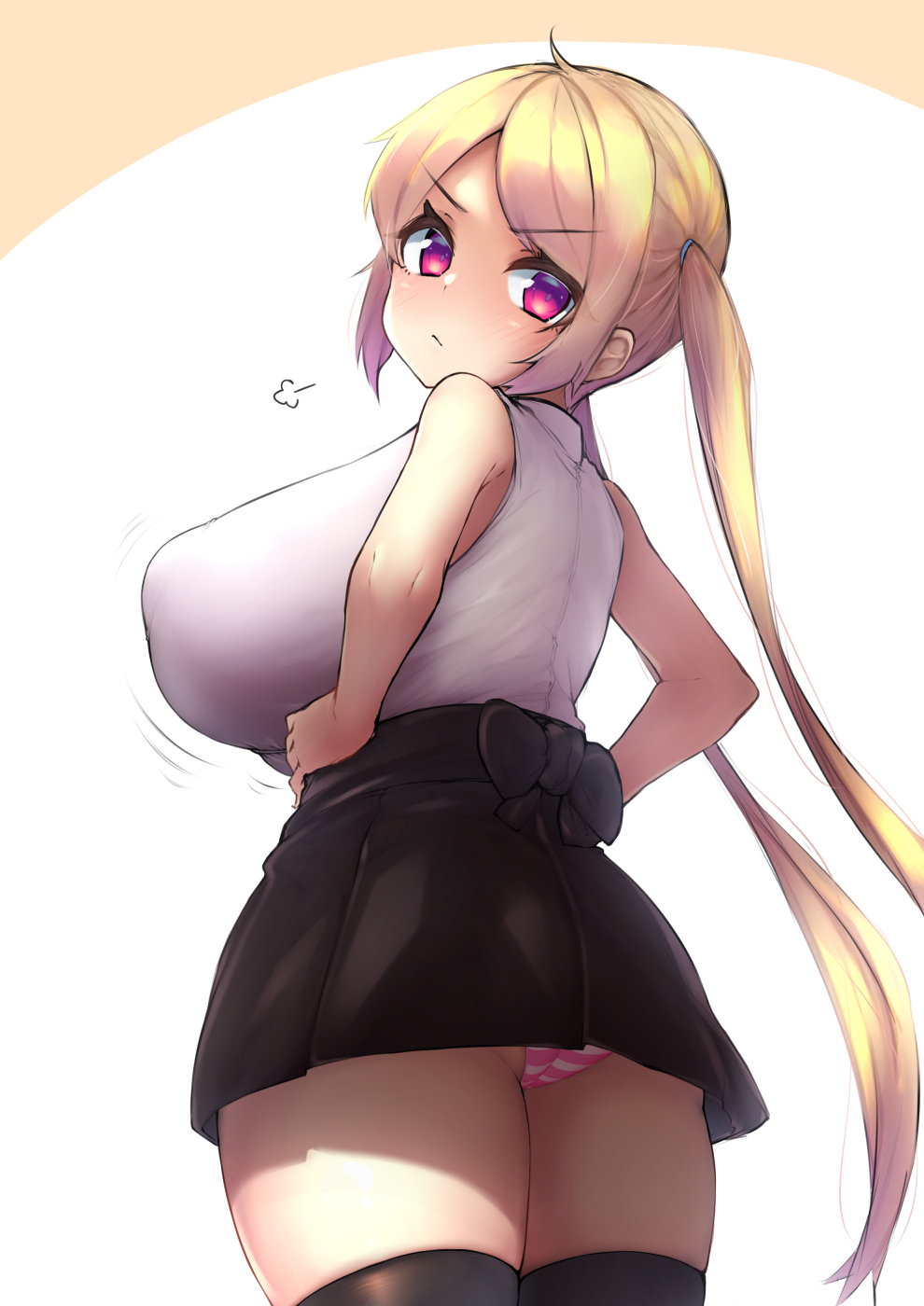 ahoge black_bow black_thighhighs blonde_hair blush bow breasts female from_behind from_below frown furrowed_brow gluteal_fold hands_on_own_hips highres huge_breasts long_hair looking_at_viewer looking_back looking_down miniskirt original panties pantyshot pink_eyes pink_panties pout shirt sidelocks simple_background skirt sleeveless sleeveless_shirt solo striped striped_panties thighhighs thighs twintails two-tone_background underwear upskirt very_long_hair watari1118 white_background white_shirt