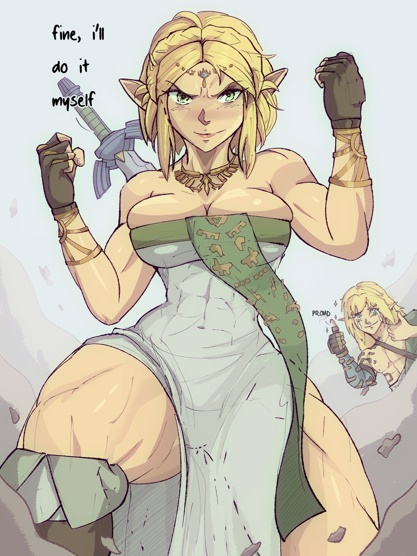 1boy, 1girls, breasts, busty, english text, female, hi res, hourglass figure, hylian, hylian ears, male, muscles, muscular, muscular female, nintendo, pointy ears, princess zelda, tagme, tears of the kingdom, the legend of zelda, wide hips, yoracrab, zelda (tears of the kingdom), zonai outfit
