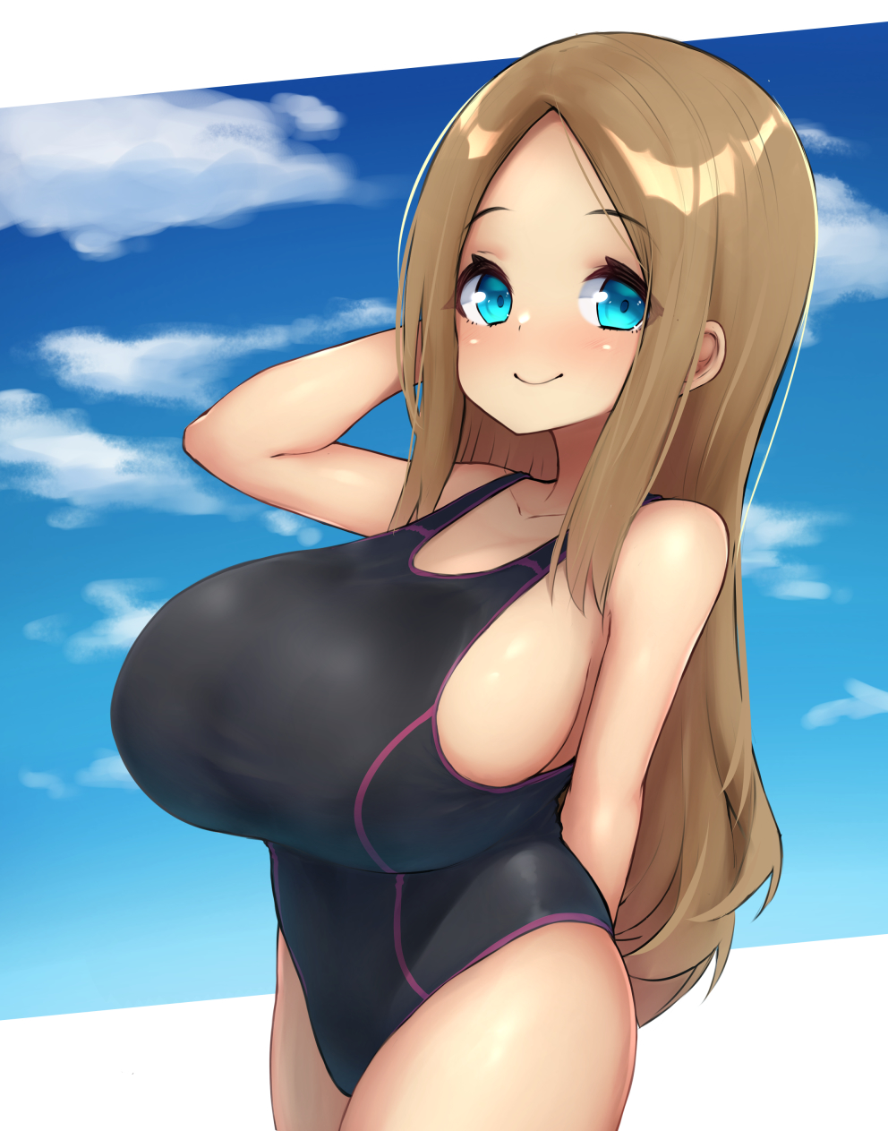 arm_behind_back bare_shoulders black_one-piece_swimsuit blue_background blue_eyes blush breasts brown_hair closed_mouth cloud collarbone competition_school_swimsuit competition_swimsuit cowboy_shot female forehead hand_on_own_head highres huge_breasts long_hair one-piece_swimsuit original parted_bangs school_swimsuit sideboob sidelocks sky smile solo standing swimsuit watari1118