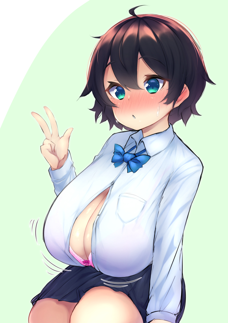 ahoge, black hair, black skirt, blue bow, blush, bow, bow bra, bowtie, bra, breasts, bursting breasts, cleavage, closed eyes, collared shirt, cowboy shot, embarrassed, female, full-face blush, green background, hand up, huge breasts, long sleeves, looking at viewer, messy hair, miniskirt, motion lines, nervous, open clothes, open mouth, open shirt, original, parted lips, pink bra, sagging breasts, school uniform, see-through, see-through shirt, shirt, short hair, shortstack, sitting, skirt, smile, solo, sweat, taut clothes, tomboy, underwear, v, wardrobe malfunction, watari1118, waving, white shirt
