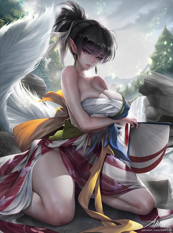 arenbi arms_under_breasts black_hair female holding_object inuyasha kagura_(inuyasha) kimono large_breasts pointy_ears solo torn_clothes