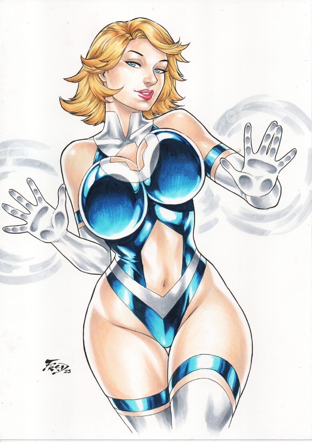 1girls 2023 belly blonde_hair boob_window curvy ed_benes_studio fantastic_four female female_only fred_benes hi_res huge_breasts human human_only invisible_woman leotard light-skinned_female light_skin looking_at_viewer magic marvel short_hair solo solo_female solo_focus sue_richards sue_storm sue_storm_90s_costume superheroine