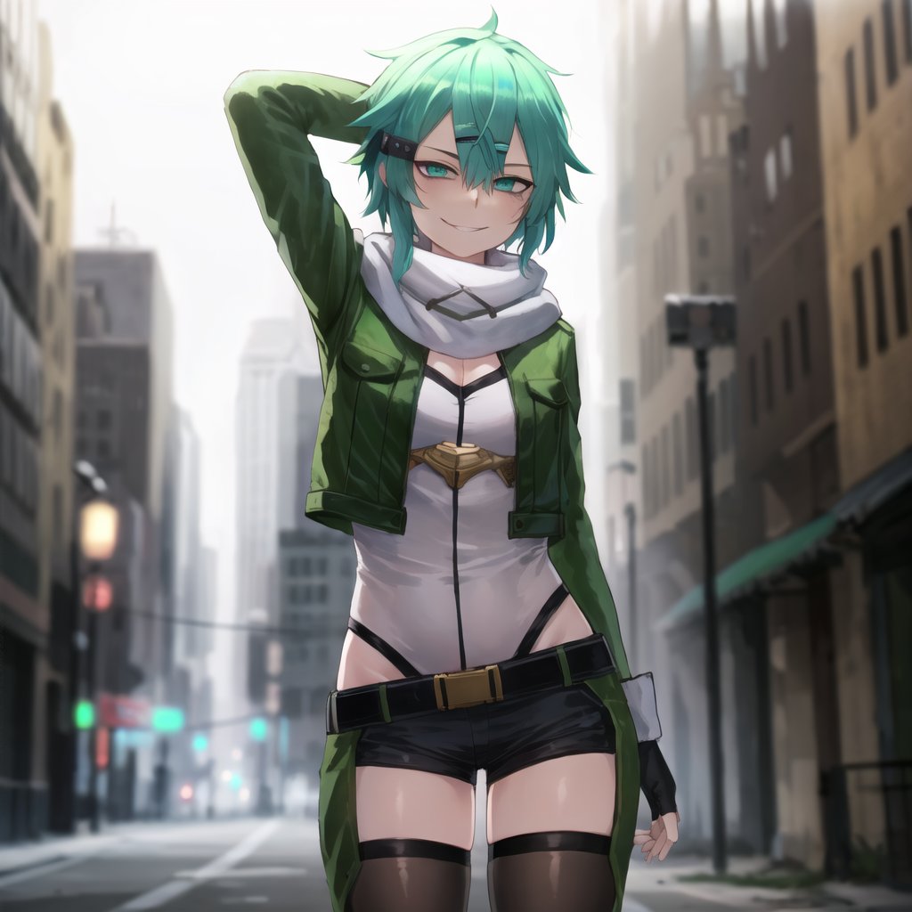 1girls, ai generated, asada shino, blue eyes, blue hair, breasts, female, female only, gun gale online, looking at viewer, medium breasts, medium hair, naughty face, naughty smile, nipples, osyasenpai, outdoors, sinon, solo, solo female, stable diffusion, sword art online, thighhighs
