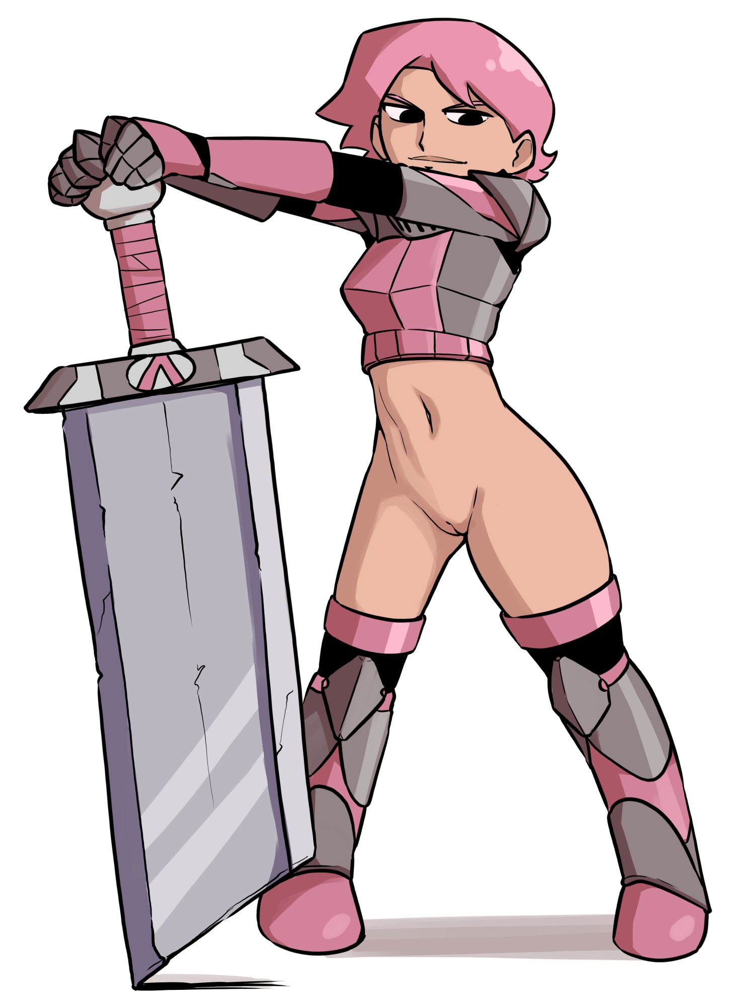 1girls, armor, bottomless, bottomless female, female, female only, gauntlets, human, light skin, navel, nylonics, pink hair, pussy, revealing outfit, short hair, solo, solo female, sword, tactical nudity, weapon, white background