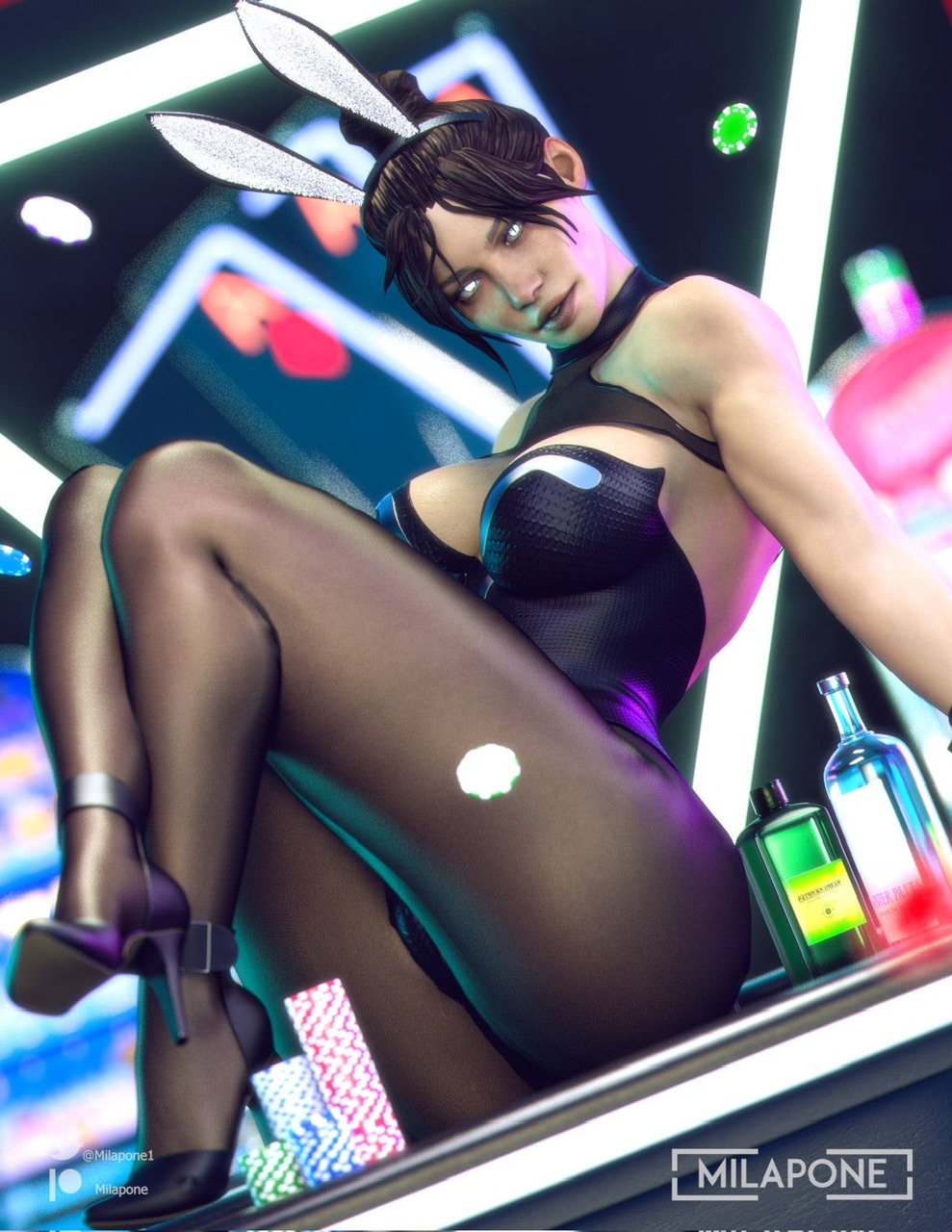 apex legends, black hair, bunnysuit, milapone, wraith (apex legends)