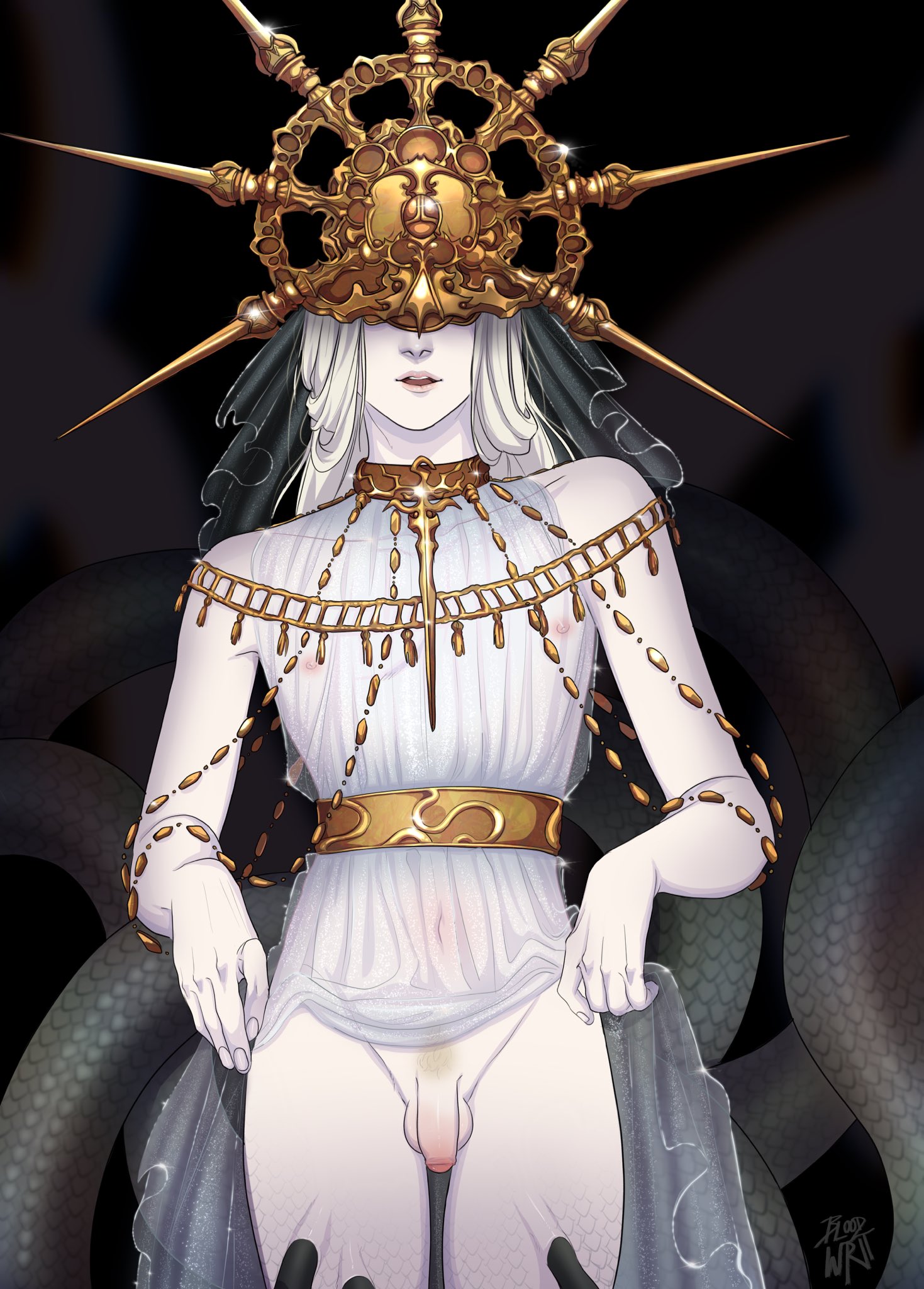 androgynous, black background, bloodwoah, collar, covered eyes, dark souls, dark sun gwyndolin, deity, dress lift, femboy, flaccid, foreskin, fromsoftware, gold (metal), gold jewelry, helmet, jewelry, long hair, long-haired male, looking at viewer, male, male only, mask, masked, masked male, nipples visible through clothing, otoko no ko, parted lips, partially retracted foreskin, penis, retracted foreskin, see-through clothing, skinny, snakes, solo, twink, uncensored, uncircumcised, uncut, veil, white hair, white skin